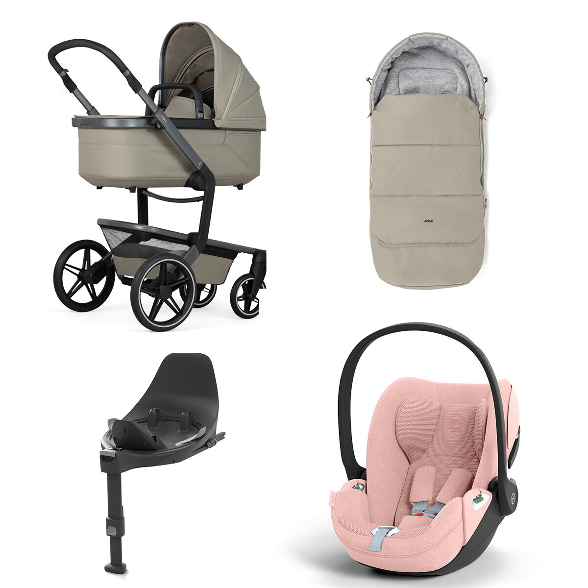 Joolz Day 5 Kinderwagen Set 4 in 1 inkl. Fußsack, Cybex Base T und Cybex Cloud T i-Size Plus Babyschale Sage Green Cloud T i-Size Plus Peach Pink