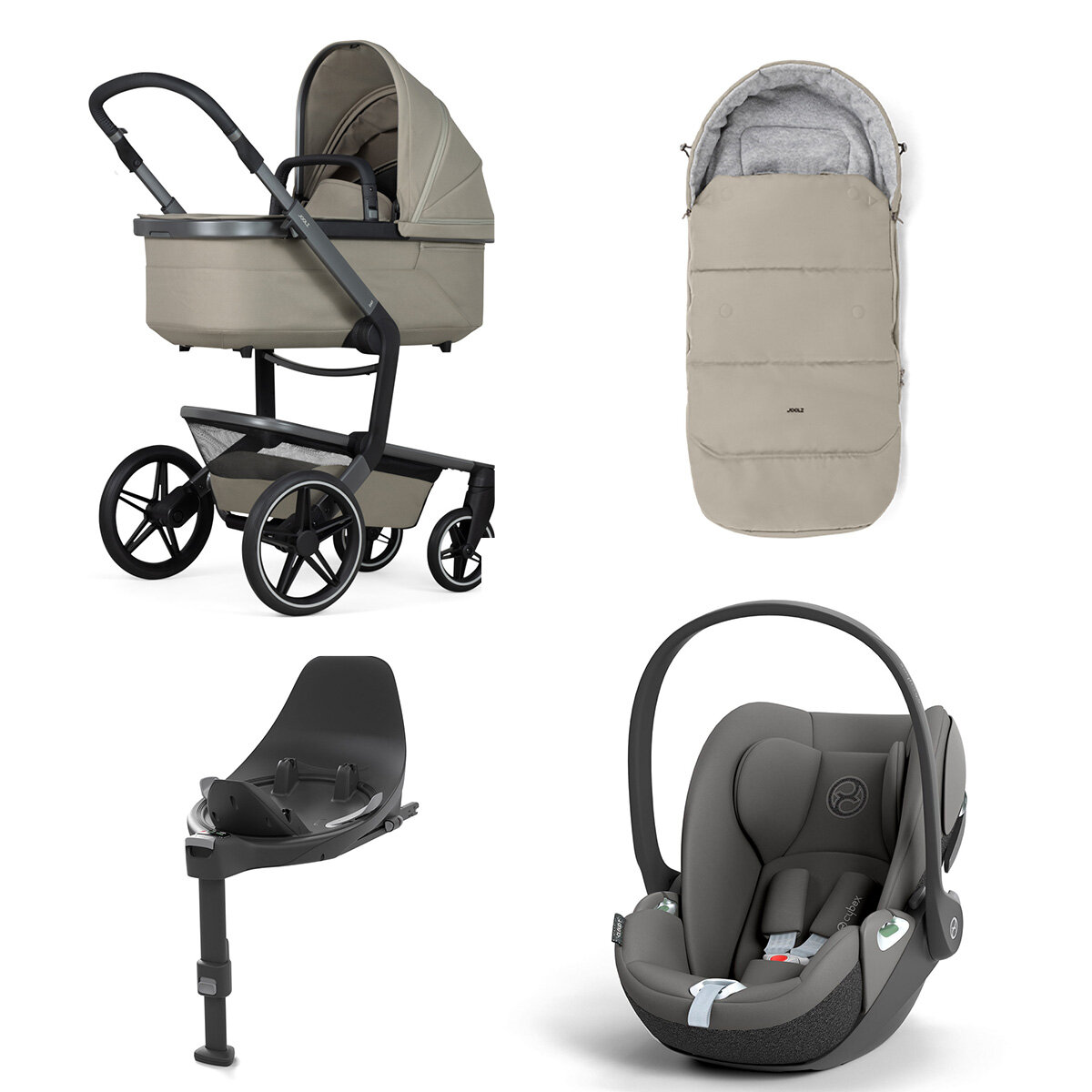 Joolz Day 5 Kinderwagen Set 4 in 1 inkl. Fußsack, Cybex Base T und Cybex Cloud T i-Size Plus Babyschale Sage Green Cloud T i-Size Mirage Grey