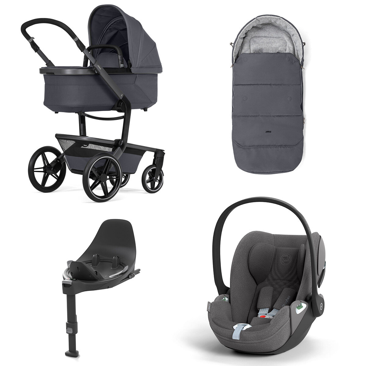 Joolz Day 5 Kinderwagen Set 4 in 1 inkl. Fußsack, Cybex Base T und Cybex Cloud T i-Size Plus Babyschale Stone Grey Cloud T i-Size Plus Mirage Grey