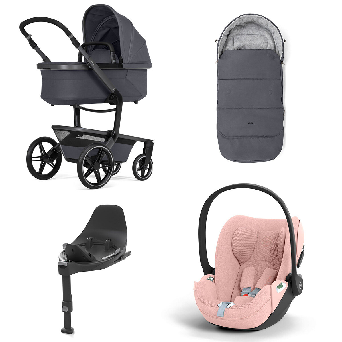 Joolz Day 5 Kinderwagen Set 4 in 1 inkl. Fußsack, Cybex Base T und Cybex Cloud T i-Size Plus Babyschale Stone Grey Cloud T i-Size Plus Peach Pink