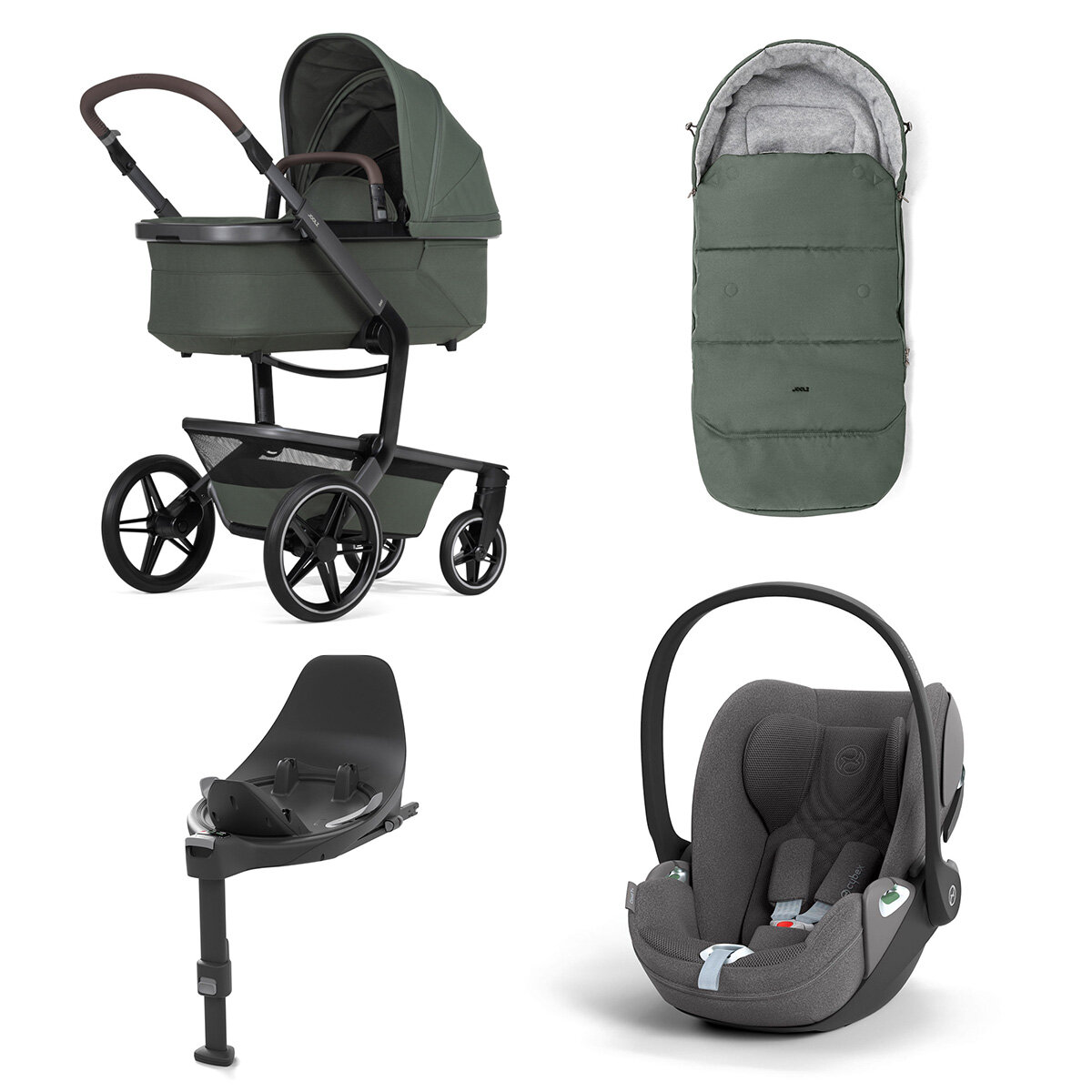 Joolz Day 5 Kinderwagen Set 4 in 1 inkl. Fußsack, Cybex Base T und Cybex Cloud T i-Size Plus Babyschale Forest Green Cloud T i-Size Plus Mirage Grey