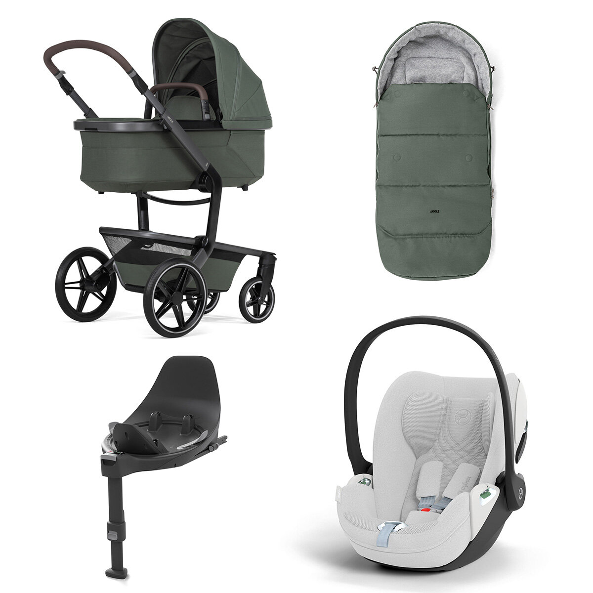 Joolz Day 5 Kinderwagen Set 4 in 1 inkl. Fußsack, Cybex Base T und Cybex Cloud T i-Size Plus Babyschale Forest Green Cloud T i-Size Plus Platinum White