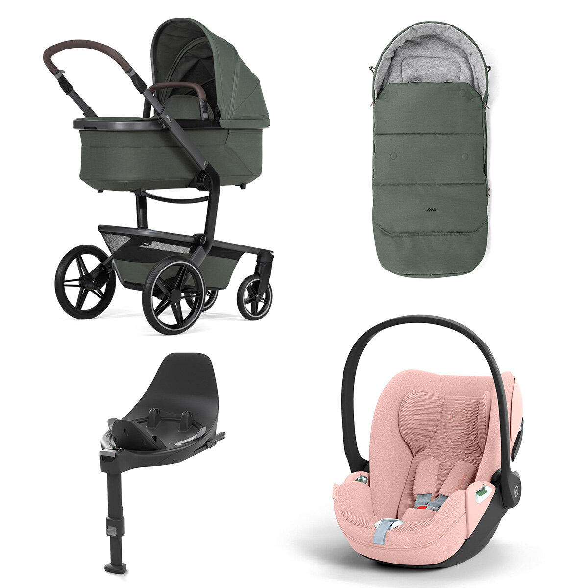 Joolz Day 5 Kinderwagen Set 4 in 1 inkl. Fußsack, Cybex Base T und Cybex Cloud T i-Size Plus Babyschale Forest Green Cloud T i-Size Plus Peach Pink
