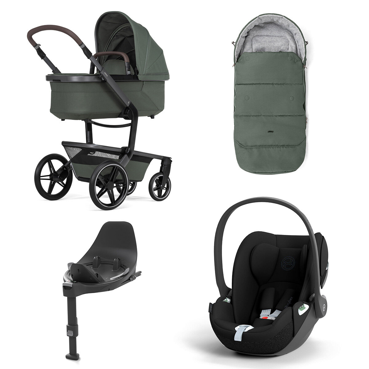 Joolz Day 5 Kinderwagen Set 4 in 1 inkl. Fußsack, Cybex Base T und Cybex Cloud T i-Size Plus Babyschale Forest Green Cloud T i-Size Sepia Black