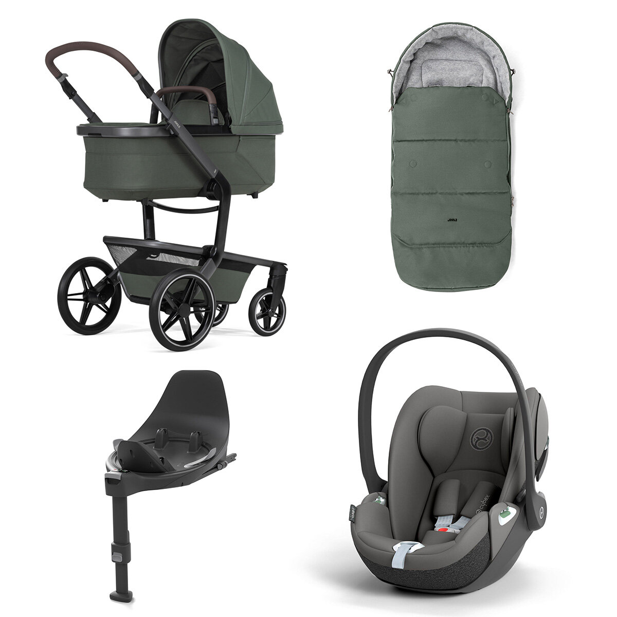 Joolz Day 5 Kinderwagen Set 4 in 1 inkl. Fußsack, Cybex Base T und Cybex Cloud T i-Size Plus Babyschale Forest Green Cloud T i-Size Mirage Grey