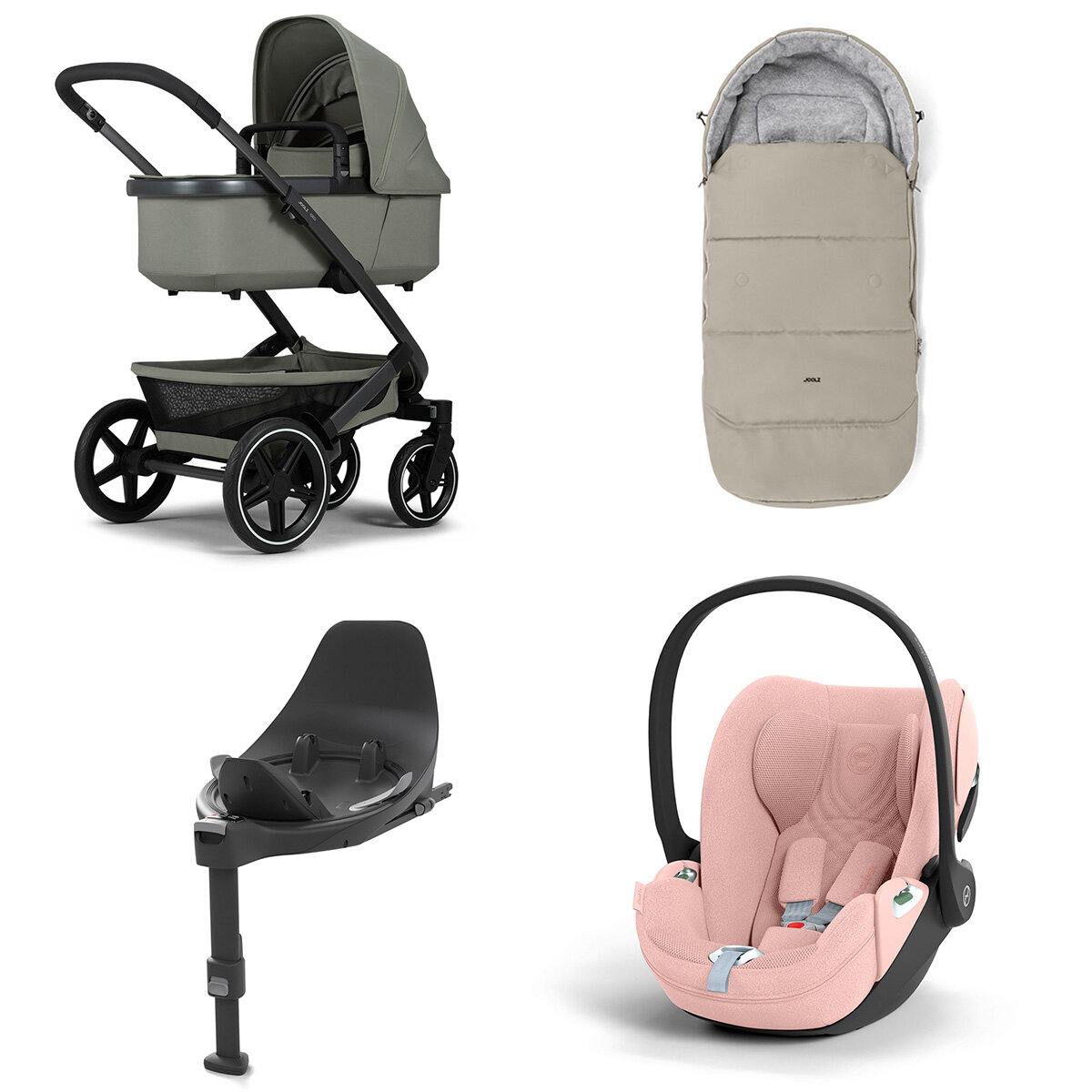 Joolz Geo 3 Mono Kinderwagen Set 4 in 1 inkl. Fußsack, Cybex Base T und Cybex Cloud T i-Size Babyschale Sage Green Cloud T i-Size Plus Peach Pink