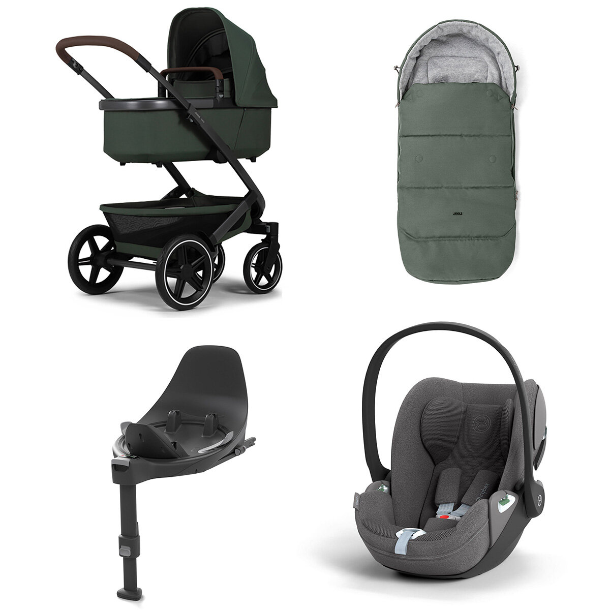 Joolz Geo 3 Mono Kinderwagen Set 4 in 1 inkl. Fußsack, Cybex Base T und Cybex Cloud T i-Size Babyschale Forest Green Cloud T i-Size Plus Mirage Grey