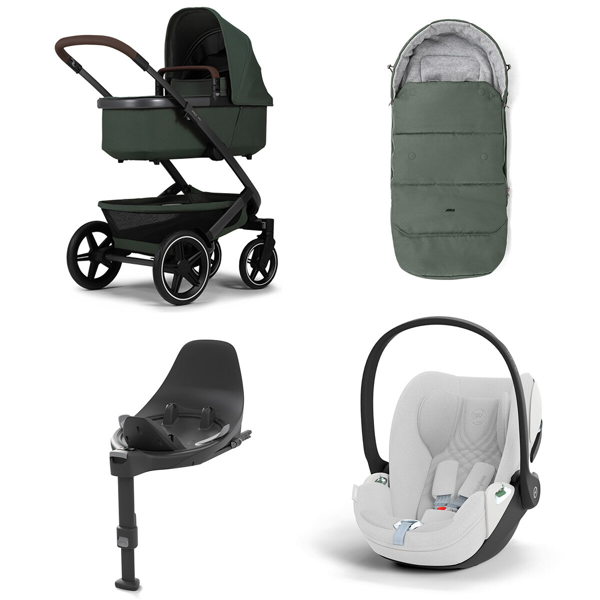 Joolz Geo 3 Mono Kinderwagen Set 4 in 1 inkl. Fußsack, Cybex Base T und Cybex Cloud T i-Size Babyschale Forest Green Cloud T i-Size Plus Platinum White