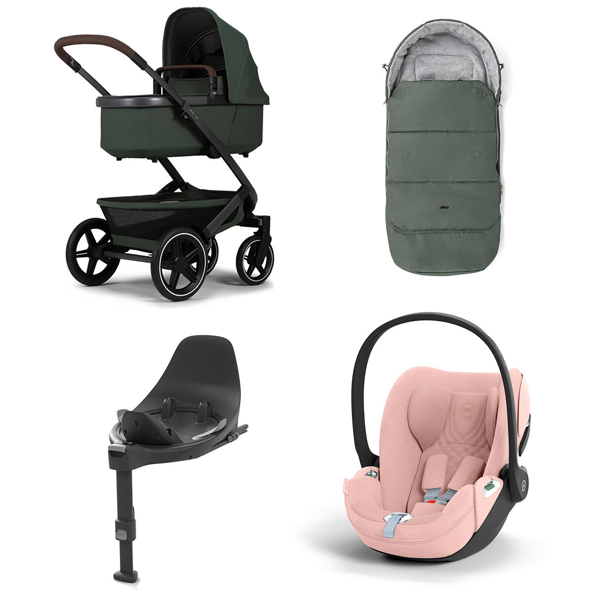 Joolz Geo 3 Mono Kinderwagen Set 4 in 1 inkl. Fußsack, Cybex Base T und Cybex Cloud T i-Size Babyschale Forest Green Cloud T i-Size Plus Peach Pink