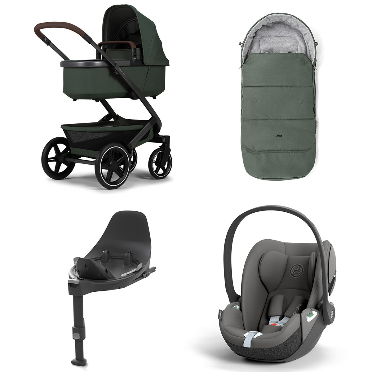 Joolz Geo 3 Mono Kinderwagen Set 4 in 1 inkl. Fußsack, Cybex Base T und Cybex Cloud T i-Size Babyschale Forest Green Cloud T i-Size Mirage Grey