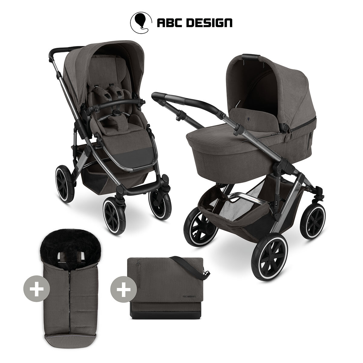 ABC Design Kombi-Kinderwagen Salsa 5 Air + Gratis Wickeltasche Urban + Gratis Winterfußsack Almond