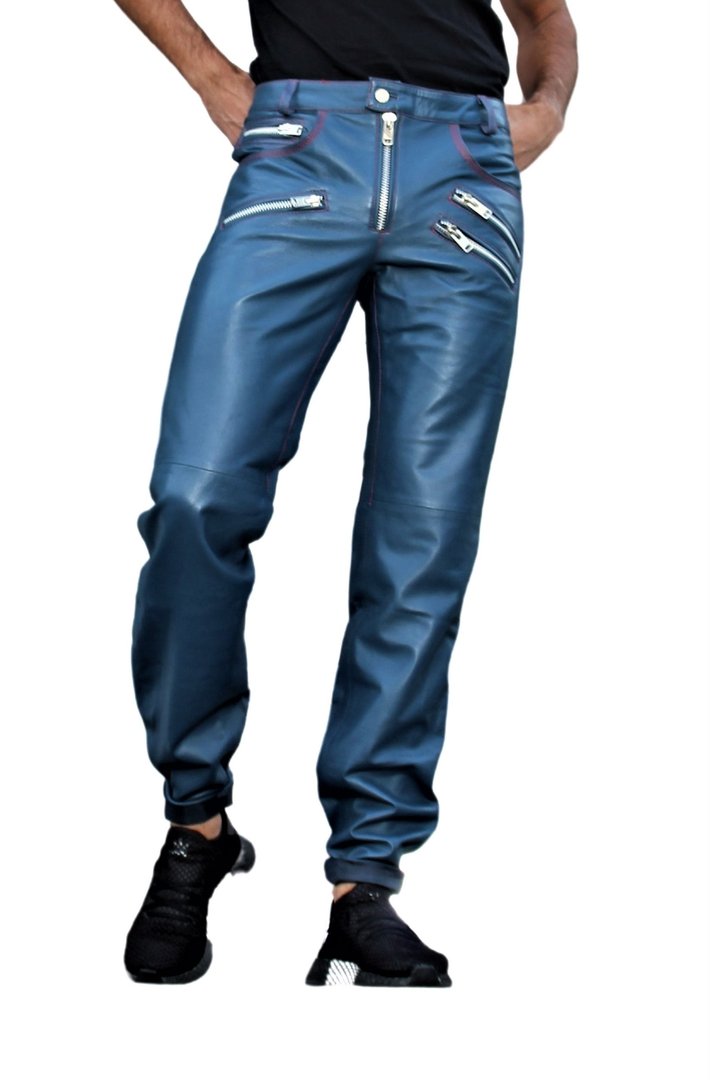 Pantaloni in pelle realizzati in VERA PELLE in blu per uomo