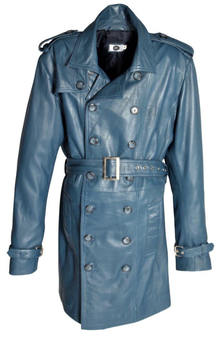Trench coat in vera pelle blu scuro  per gli uomini