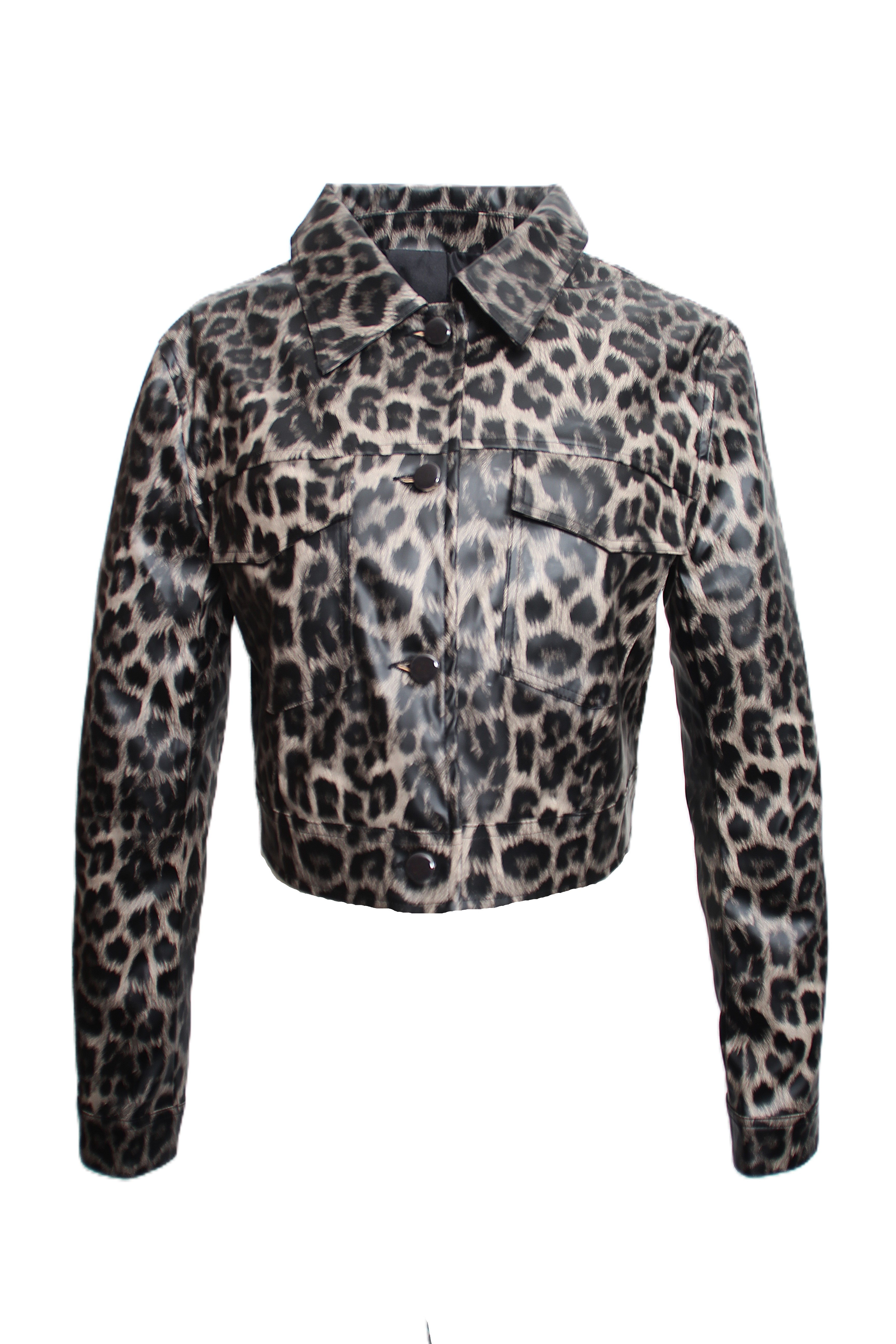 Kort jack gemaakt van kunstleerlook PU gecoat met LEO-print 