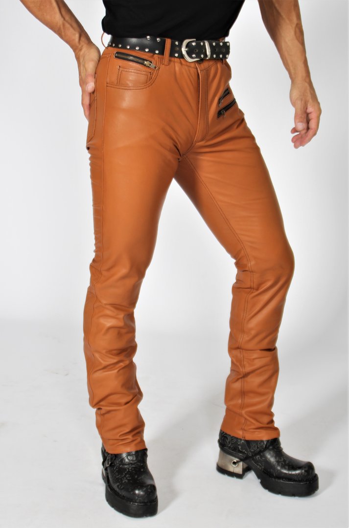 Lederhose Leder-Designer Jeans in ECHT-Leder in cognac