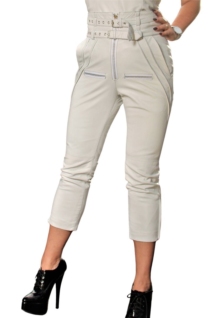 Lederhose als Designer Hose in ECHT-LEDER weiss mit hoher Taille