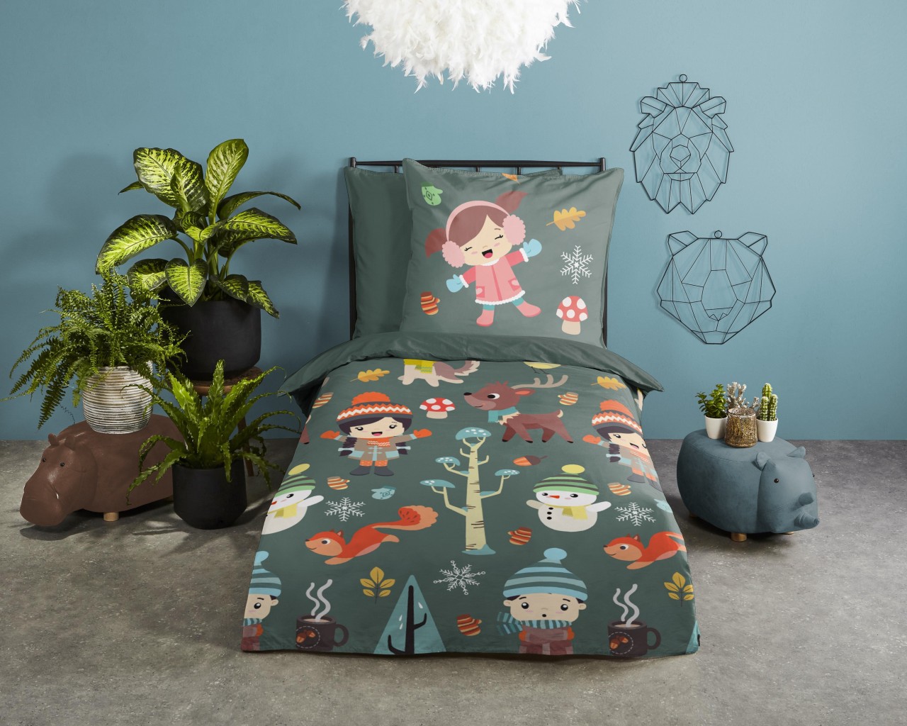 Good Morning Kinder Bettwäsche 135x200 Fun grün Schneemann Kinder Herbst Wint...