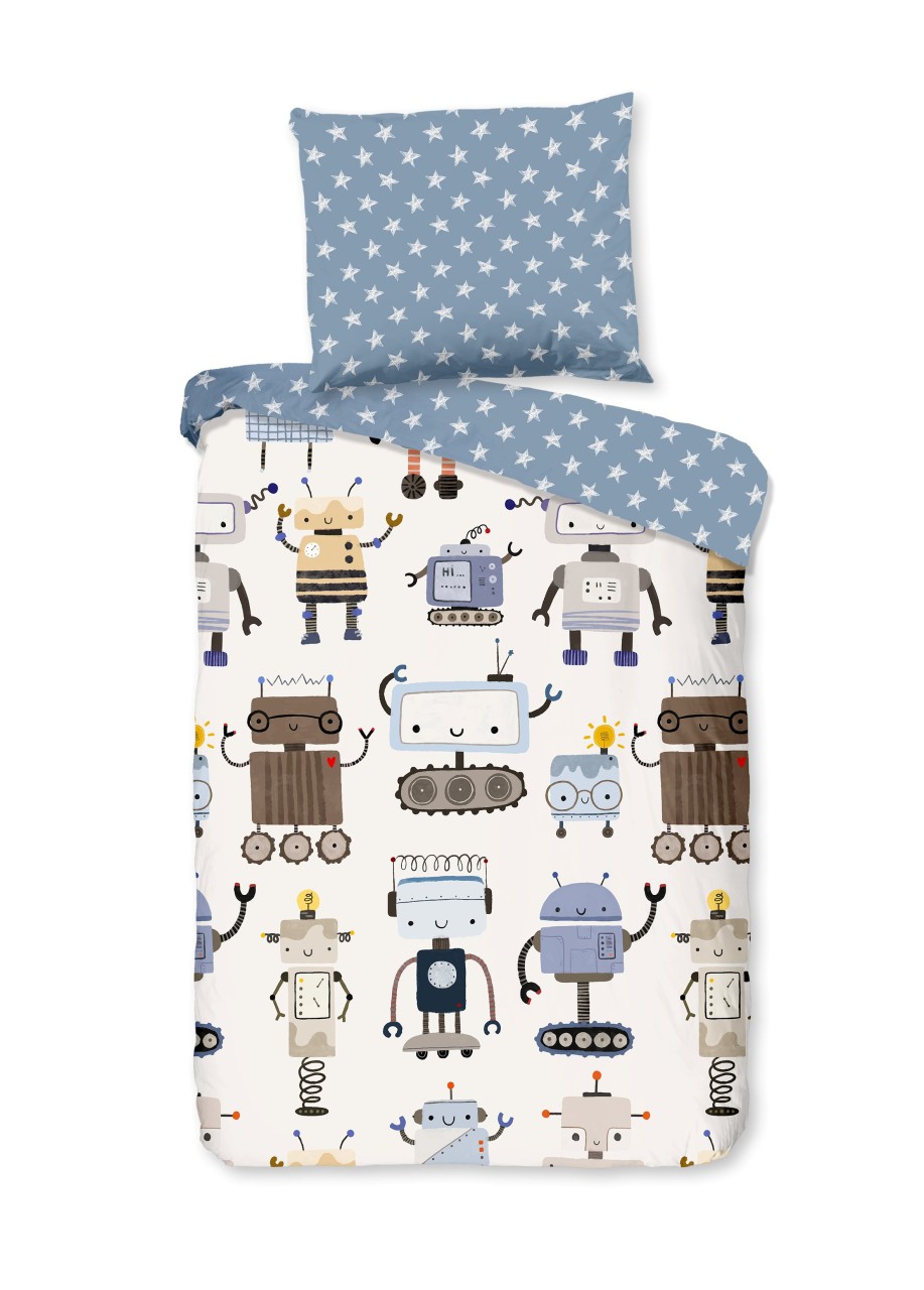 Good Morning Kinder Baby Bettwäsche 100x135 Robo Roboter Sterne blau weiß 33012