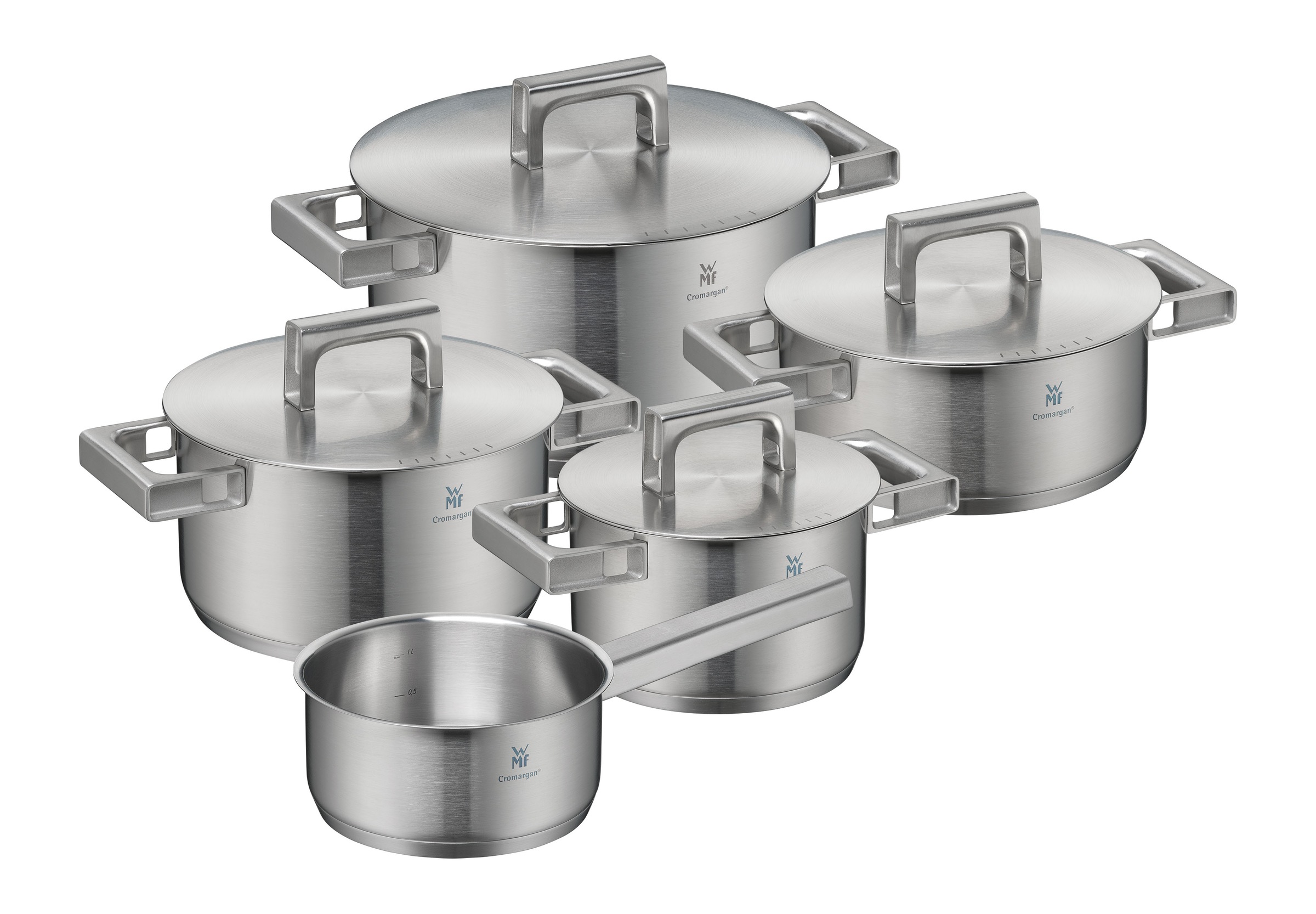 WMF Topf-Set 'Ultimate Cool+ Induktion, Kochtopf Set mit Edelstahldeckel' Cromargan Edelstahl Rostfrei 18/10 Set, 9 Stk. tlg. Induktionstöpfe Set unbeschichtet, wärmereduzierende Cool+ Griffe