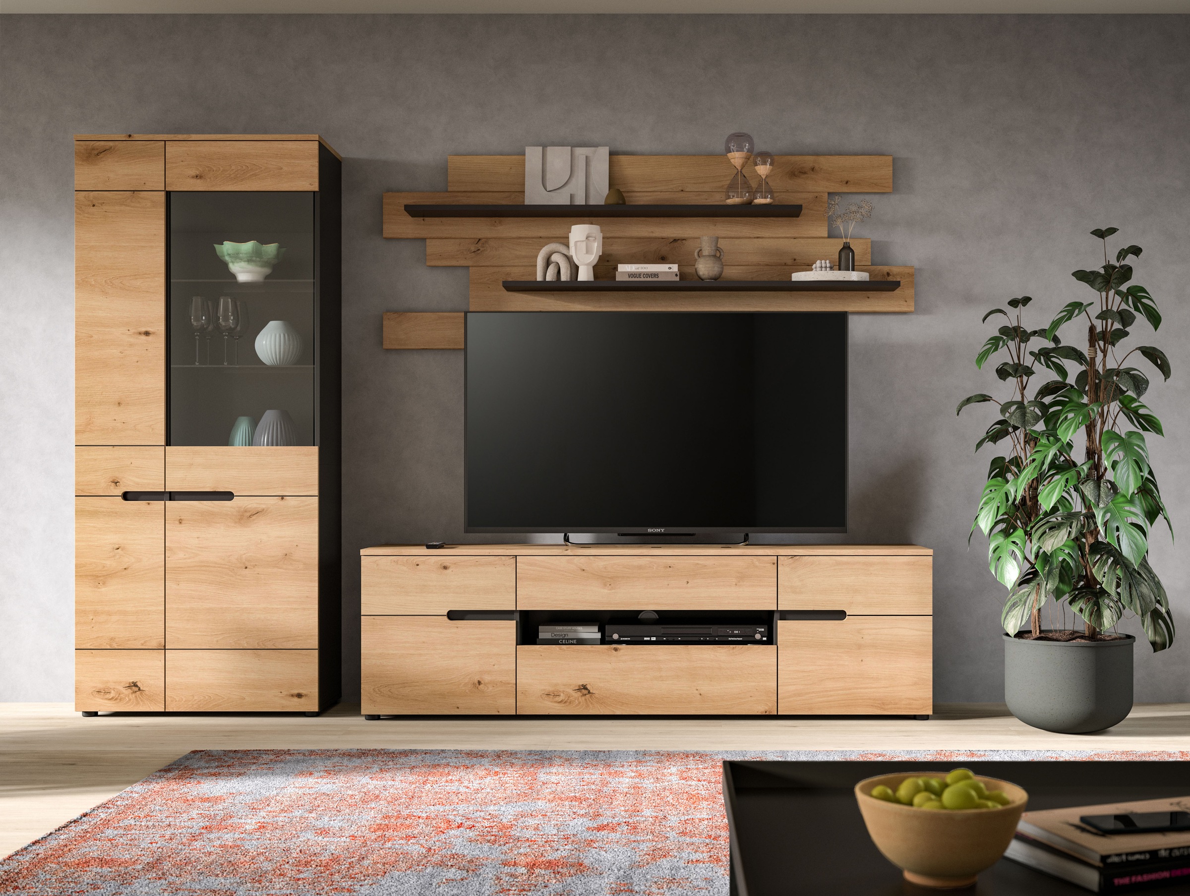 INOSIGN Wohnwand 'REHAT, TOPSELLER, 3-teilig, Breite 280 cm, individuell stellbar' Set bestehend aus: Vitrine, Lowboard und Wandboard, 3 Stk. tlg. Kombination, Anbauwand, Set, Wohn-Set, Wohnzimmer-Set, Schrankwand