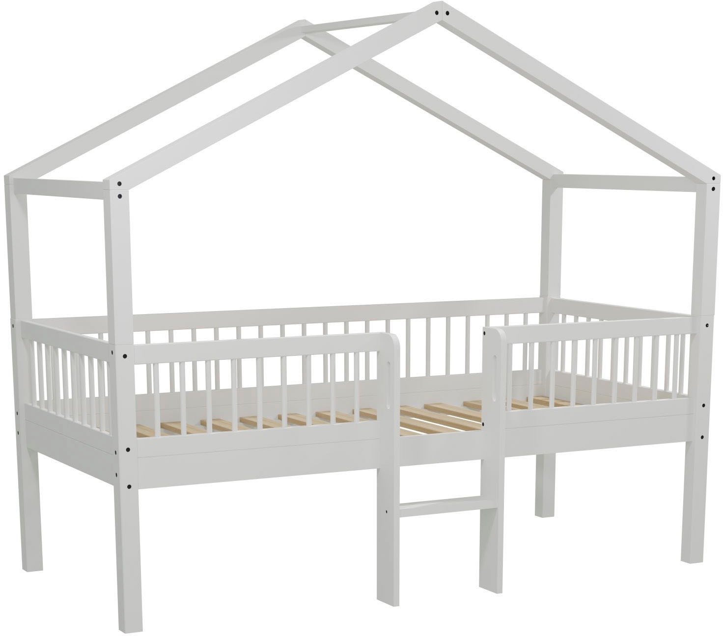 Vipack Hausbett 'Forrest ist ein hochwertiges Massivholz Haus Bett 'Made in Europe'' inkl. Rolllattenrost, Dachaufbau, Absturzschutz und Leiter, wahlweise aus massiver Eiche geölt oder Buche massiv weiß lackiert