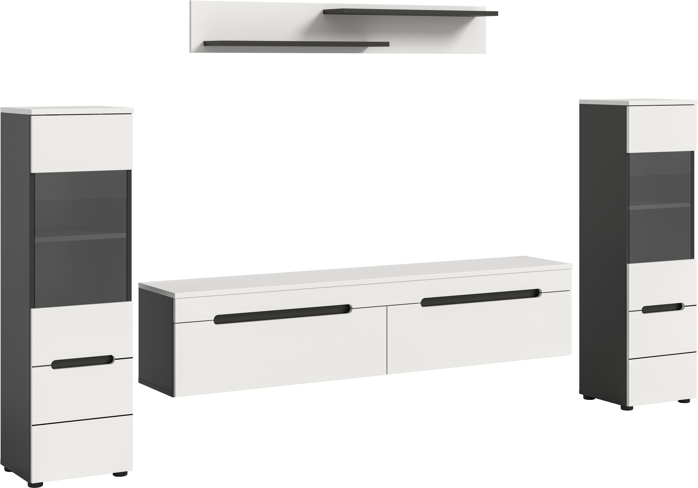 INOSIGN Wohnwand 'REHAT, TOPSELLER, 4-teilig, wahlweise stehend und hängend montierbar' Set bestehend aus: 2x Vitrine, Lowboard und Wandboard, 3 Stk. tlg. Kombination, Anbauwand, Set, Wohn-Set, Wohnzimmer-Set, Schrankwand