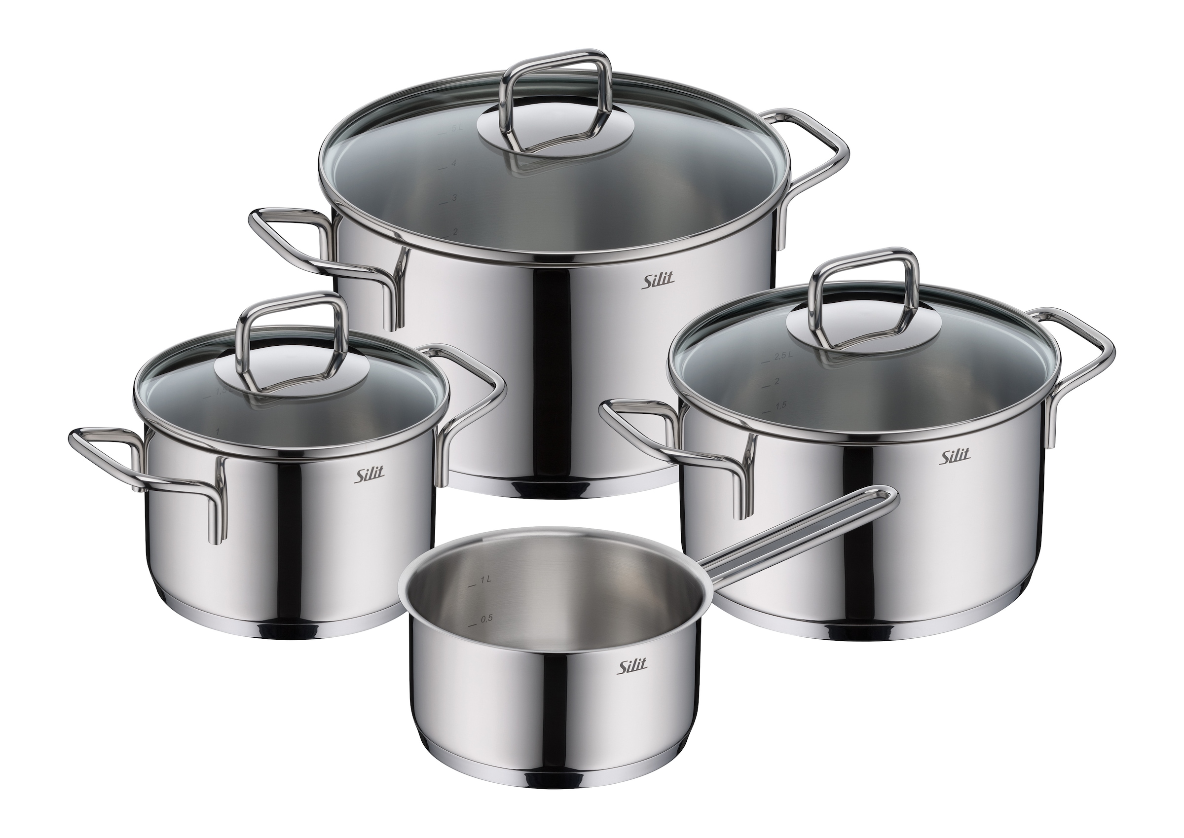 Silit Topf-Set 'Extra Cook Induktion, Kochgeschirr-Set mit Glasdeckel, Innenskalierung' 3x Kochtöpfe 16/20/24 cm mit Deckel, 1x Stielkasserolle 16 cm, SiliTherm Universalboden, breiter Schüttrand, spülmaschinengeeignet, Edelstahl 18/10