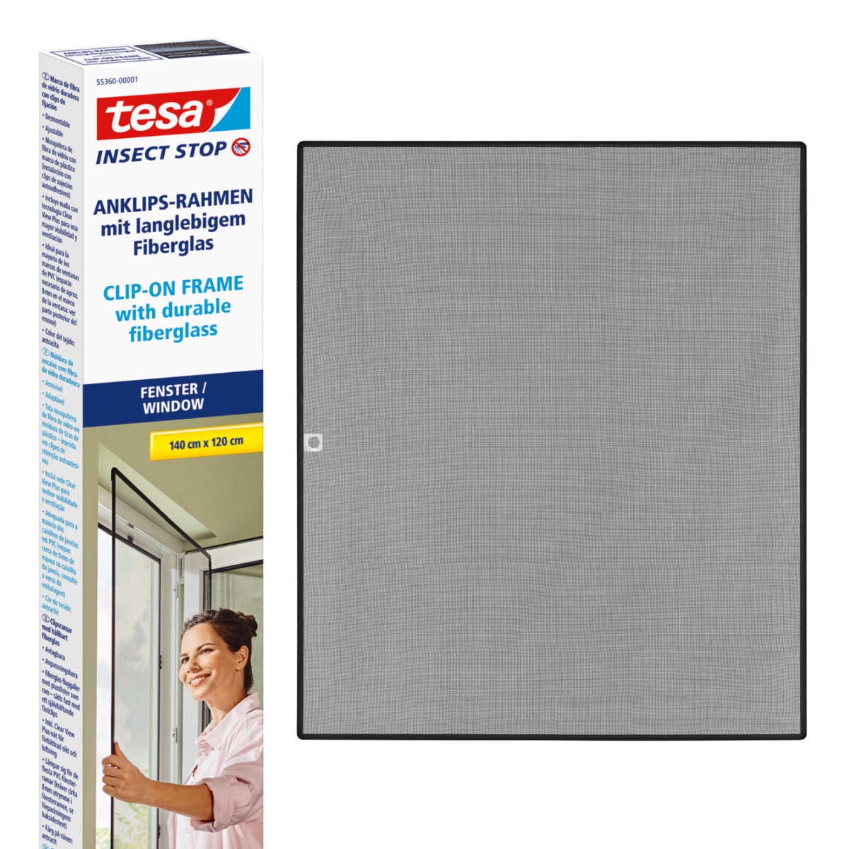 tesa Insektenschutz-Fensterrahmen 'Insect Stop Anklipsrahmen - Fliegengitter für Fenster' Packung, inkl. Fiberglas-Netz in Anthrazit, Rahmen und Halteklip-Lösung, 1 Stk. tlg. Selbstklebende Halteklips, zuschneidbarer Rahmen, ohne Bohren