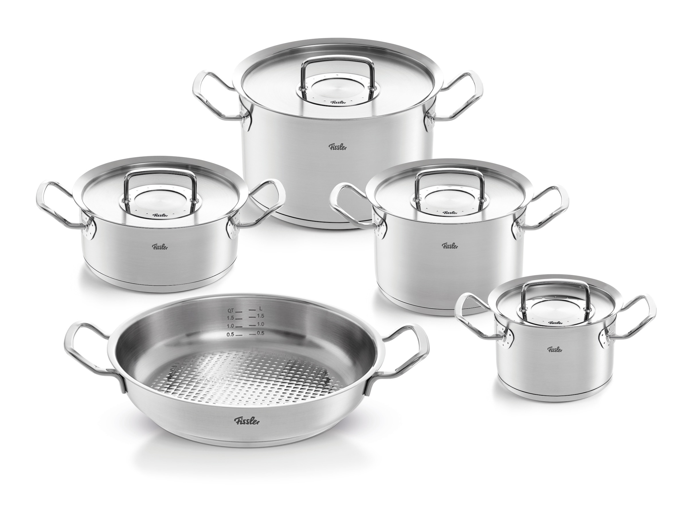 Fissler Topf-Set 'ORIGINAL-PROFI COLLECTION Edelstahl-Topfset' Edelstahl 18/10 Bratentopf 20 cm, je 1 Fleischtopf 16/20/24 cm, Servierpfanne 28 cm, 9 Stk. tlg. mit breitem Schüttrand, Kaltmetallgriffen. Made in Germany