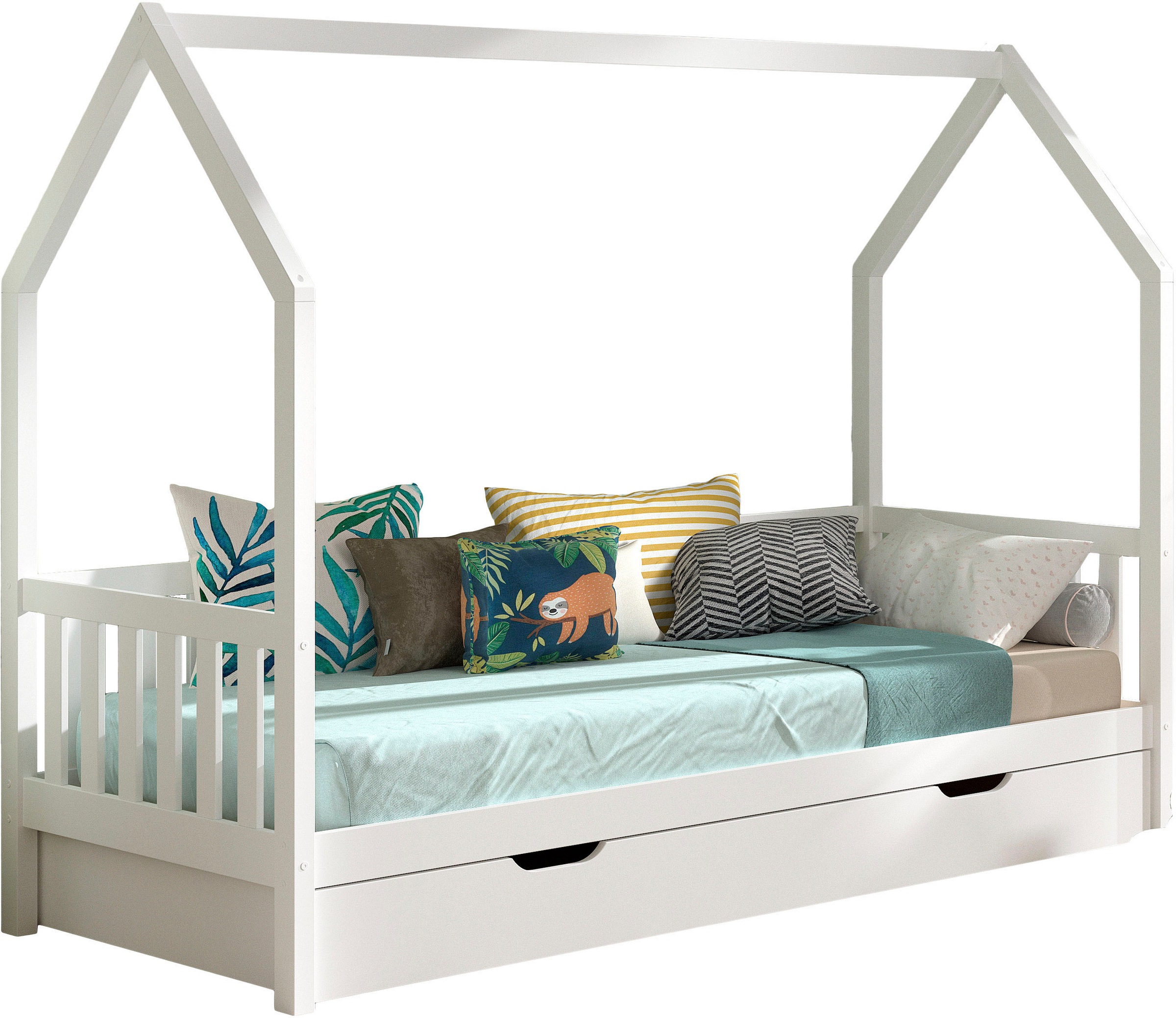 Vipack Hausbett 'Cabane, mit Dachaufbau, Bettschublade auf Rollen u. Sprossenumrandung' (B/H/T ca. 208x169x98 cm) aus massiver Eiche, Oberfläche Natur, sehr stabil und standfest gebaut inkl. Massivholz Rolllattenrost