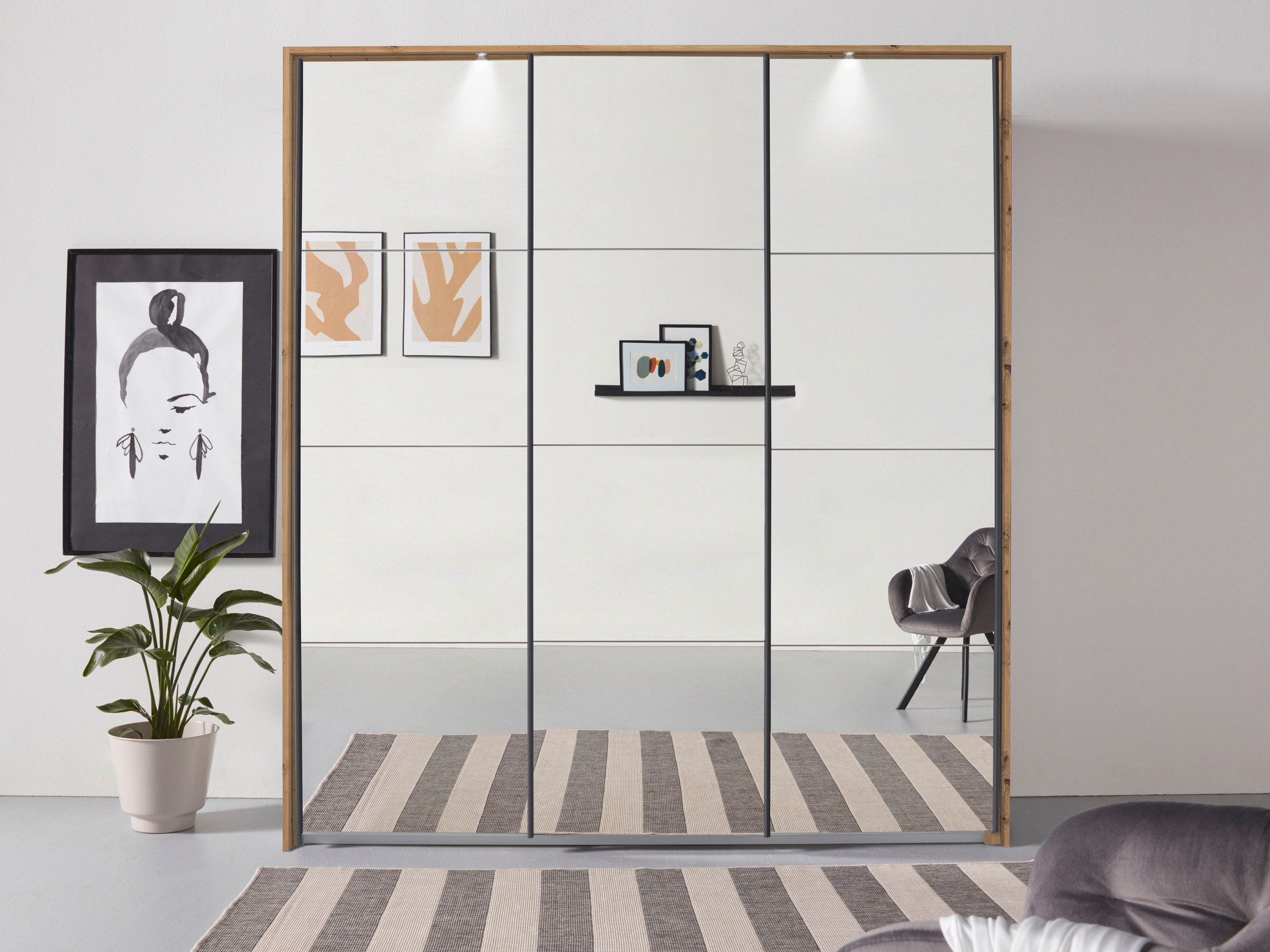 rauch Schwebetürenschrank 'Kleiderschrank Schrank Garderobe OTELI inkl. 3 Innenschubladen' Breiten 211/278/323/368 cm Höhen 214/233 cm, mit Spiegelfront und Passepartout optional mit Beleuchtung