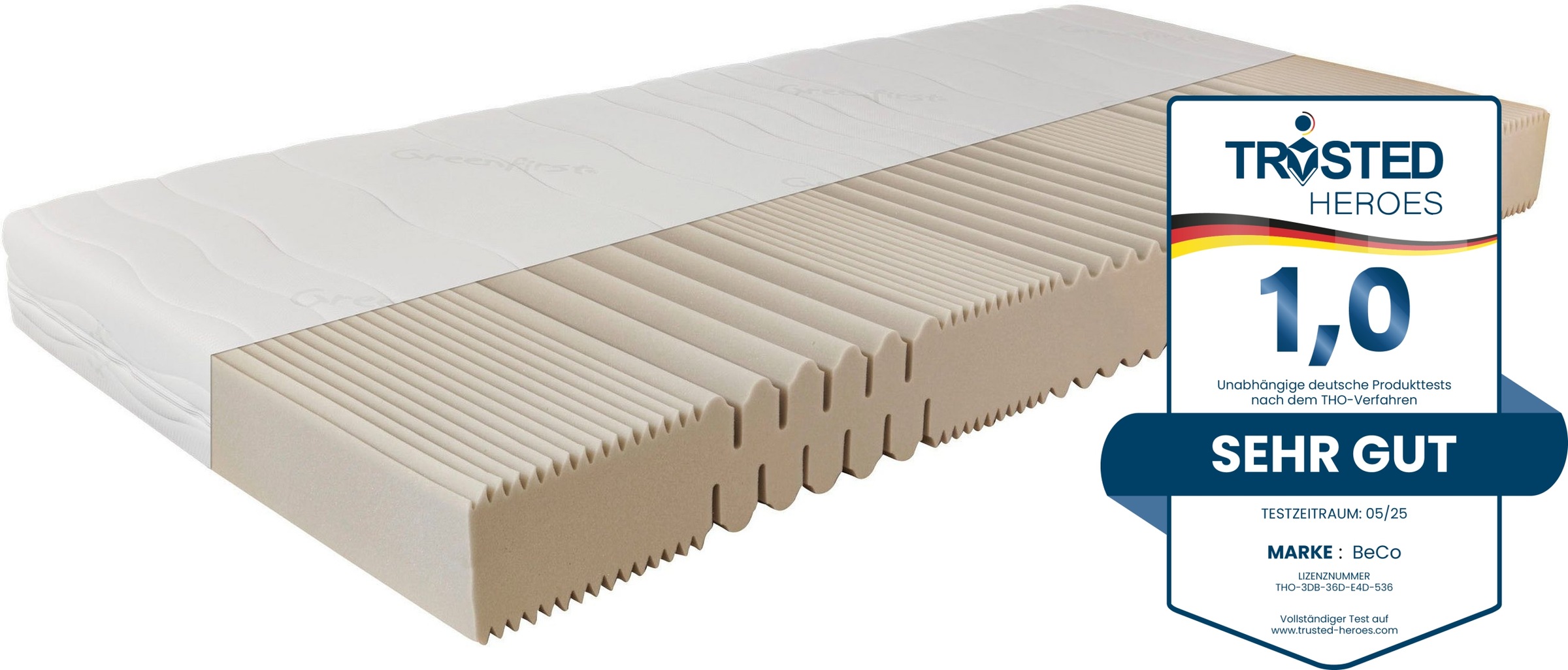 Beco 1100000002199 'Matratze Active Greenfirst, Matratze in diversen Größen erhältlich' 18 cm hoch Raumgewicht: 28 kg/m³ 1 Stk. tlg. Matratze in 90x200 cm und weiteren Größen, punktelastische Matratze