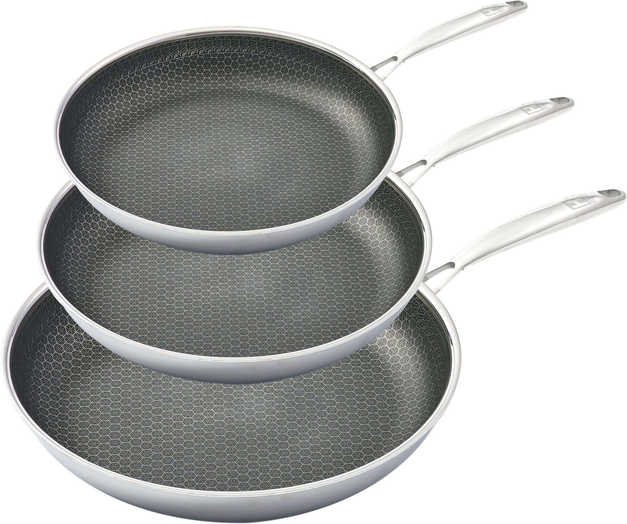 HENSSLERS Pfannen-Set Edelstahl Set, 1x Bratpfanne Ø 20 cm, 1x Bratpfanne Ø 24 cm, 1x Bratpfanne Ø 28 cm, 3 Stk. tlg. 3-Schicht Material, Wabenstruktur und Antihaftbeschichtung, Induktion