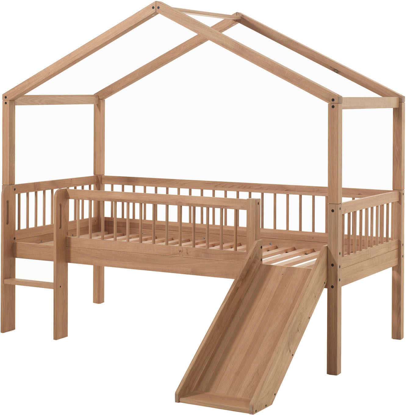 Vipack Hausbett 'Forrest ist ein hochwertiges Massivholz Haus Bett 'Made in Europe'' inkl. Rolllattenrost, Dachaufbau, Absturzschutz, Leiter und Rutsche, wahlweise aus massiver Eiche geölt oder Buche massiv weiß lackiert