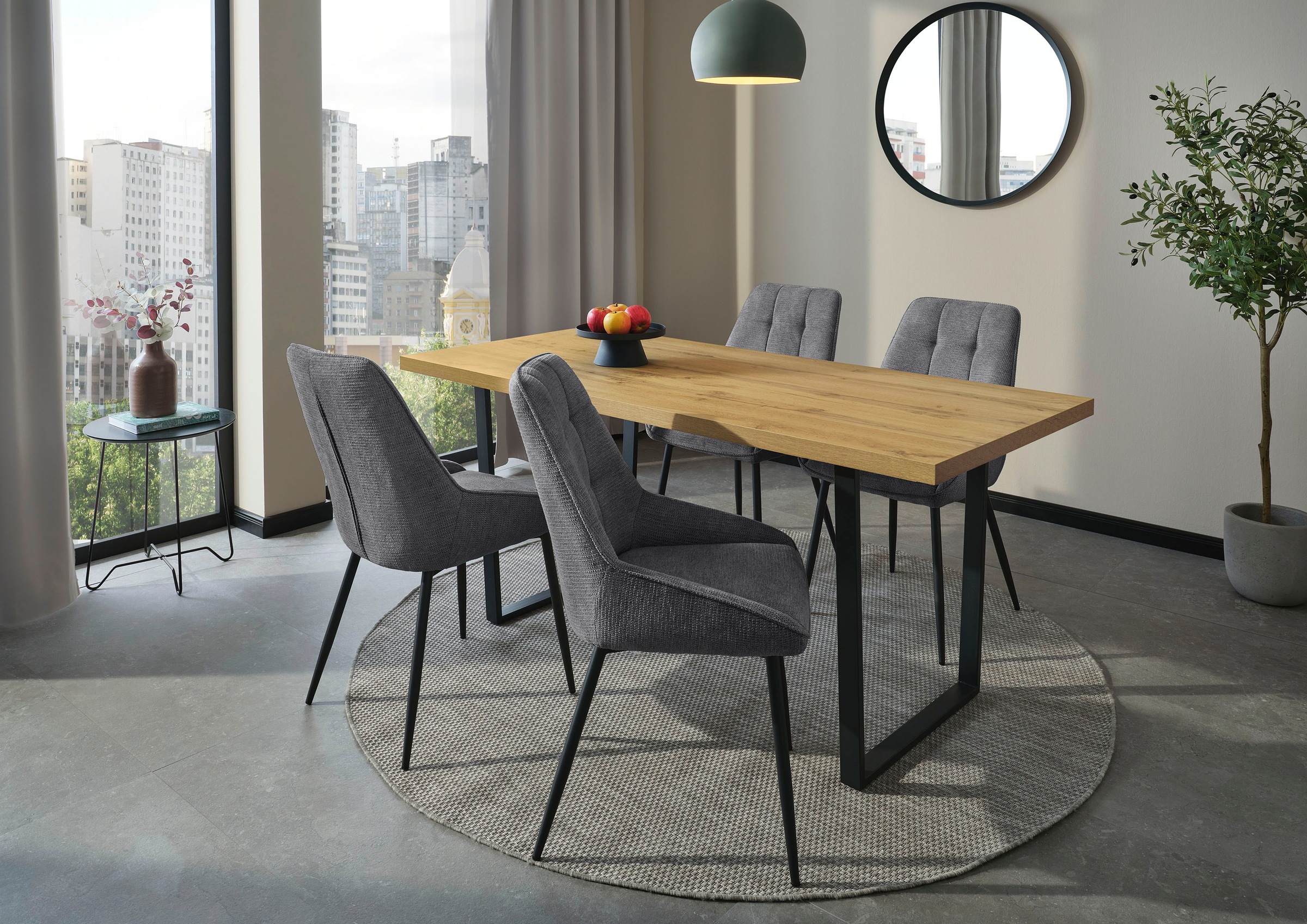 Jockenhöfer Gruppe Essgruppe 'ROGER, Sitzgruppe, Esstisch 160 cm, 4 Stühle' Set, Esstisch 160 cm plus 4 Esszimmerstühle, 5 Stk. tlg. Tischplatte Wildeiche, U-Gestell, Stühle mit Webstoff