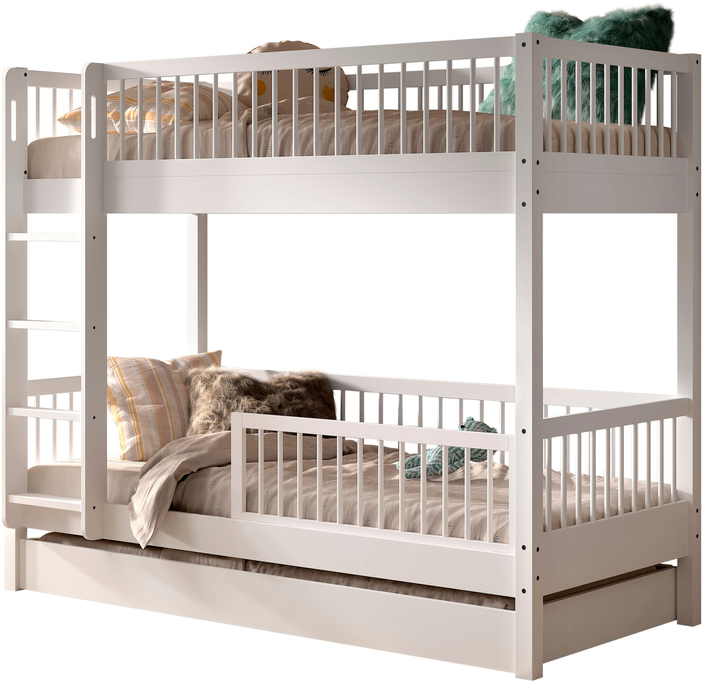 Vipack Etagenbett 'Buche massiv weiß, Made in Europe, langlebige Qualität' B/H/T ca. 208x176x98cm, Schublade+unterer Rausfallschutz optional, 2 Lattenroste, wahlweise mit oder ohne Bettschublade und Absturzschutz
