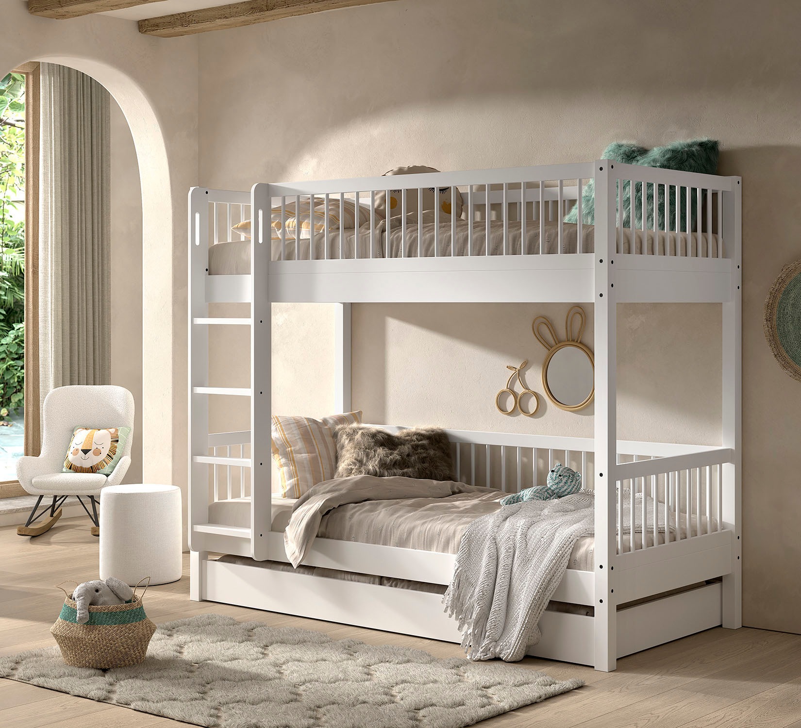 Home affaire Etagenbett 'Buche massiv weiß, Made in Europe, langlebige Qualität' B/H/T ca. 208x176x98cm, inkl. Leiter, Absturzschutz oben umlaufend, 2 Lattenroste, wahlweise mit oder ohne Bettschublade