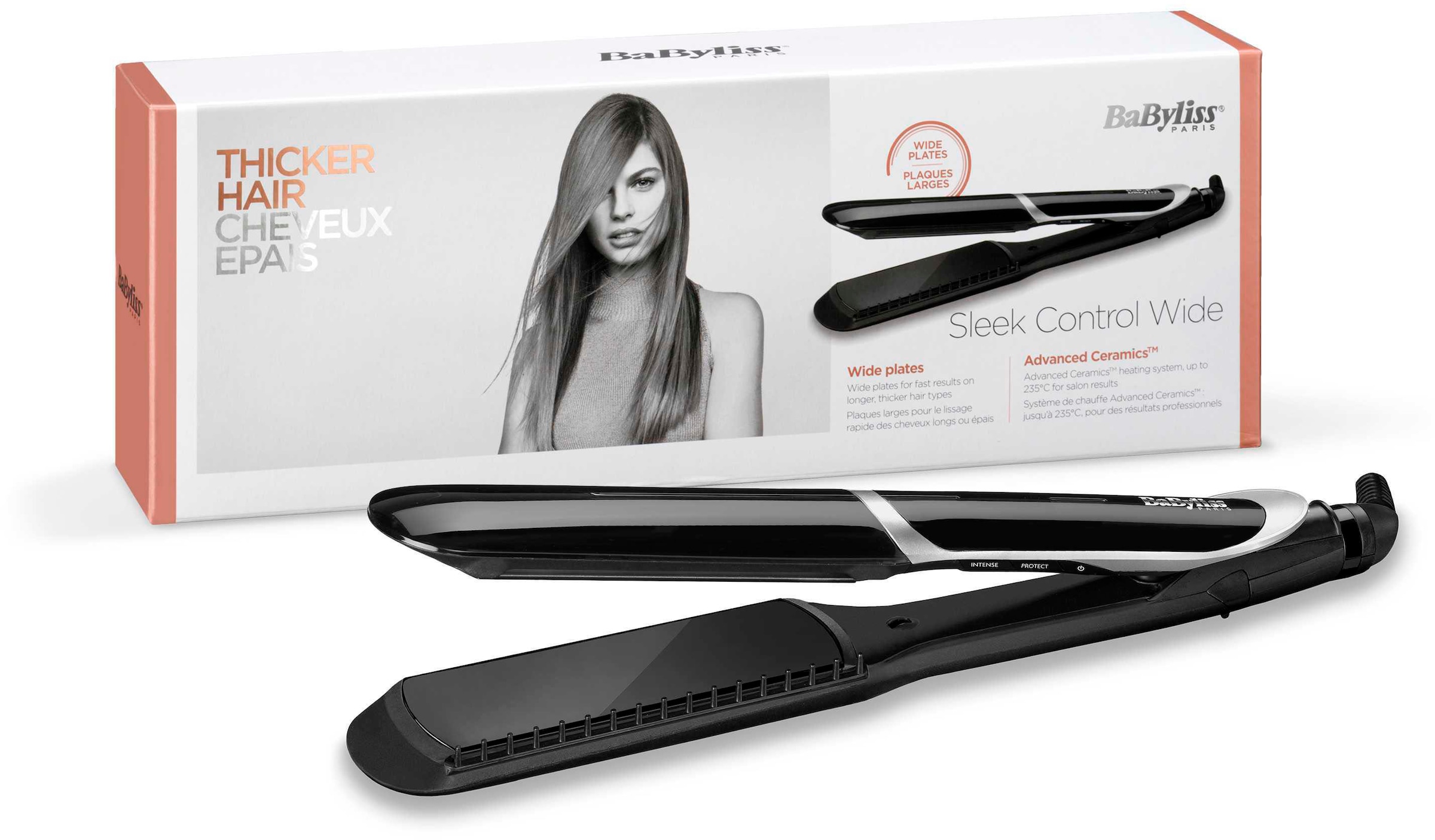BaByliss Glätteisen 'BaByliss Sleek Control Wide Glätteisen extra breit, Keramik, ST397E' Titanium-Keramik-Beschichtung Ionen-Technologie, 6 Temperaturstufen 140–235 C, abnehmbarer Kamm