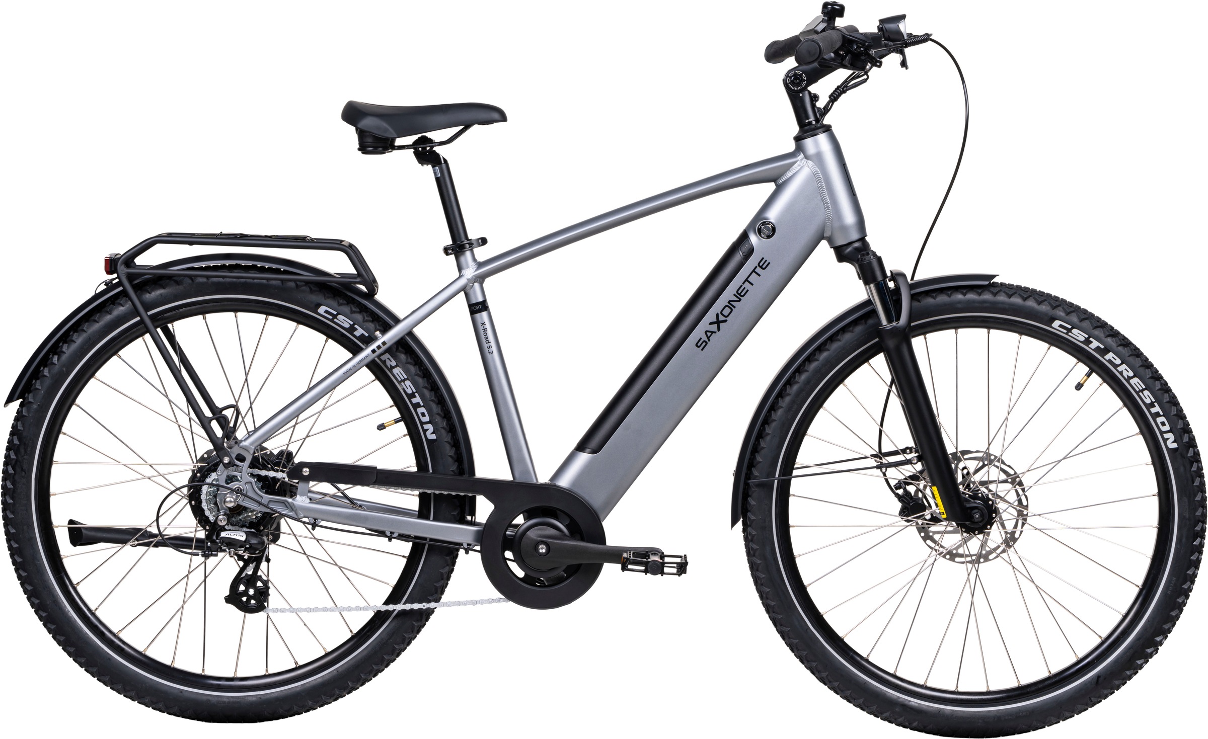 SAXONETTE 'SAXONETTE X-Road 5.2 E- All Terrain Bikes' 7 Gang Shimano Altus 7 Gänge Schaltwerk Kettenschaltung Heckmotor 250 W Packung, (mit integr. Akku), Elektrofahrrad für Alltag und Einkauf