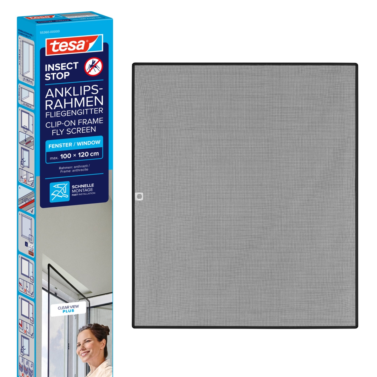 tesa Insektenschutz-Fensterrahmen 'Anklips-Rahmen Fliegengitter für Fenster, Anthrazit (Durchsichtig)' Packung, inkl. Fiberglas-Netz in Anthrazit, Rahmen und Halteklip-Lösung, 1 Stk. tlg. INSECT STOP Netz aus Fiberglas, selbstklebende Halte-Klips
