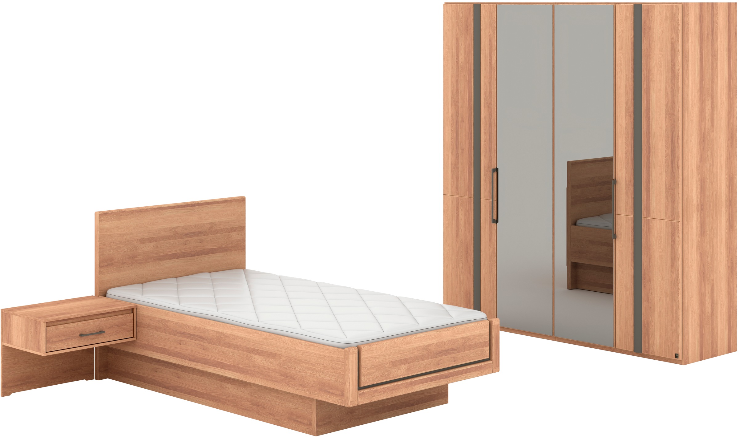 Musterring Schlafzimmer-Set 'Sorrent, Kleiderschrank, Bett & Nachtkommoden, teilmassiv Eiche' 2er-Set Nachtschränke, Drehtürenschrank 200 cm, Bett 100x200 cm, mit Dreh- und Falttüren, Schrankbreite 200cm, Bett schwebende Optik