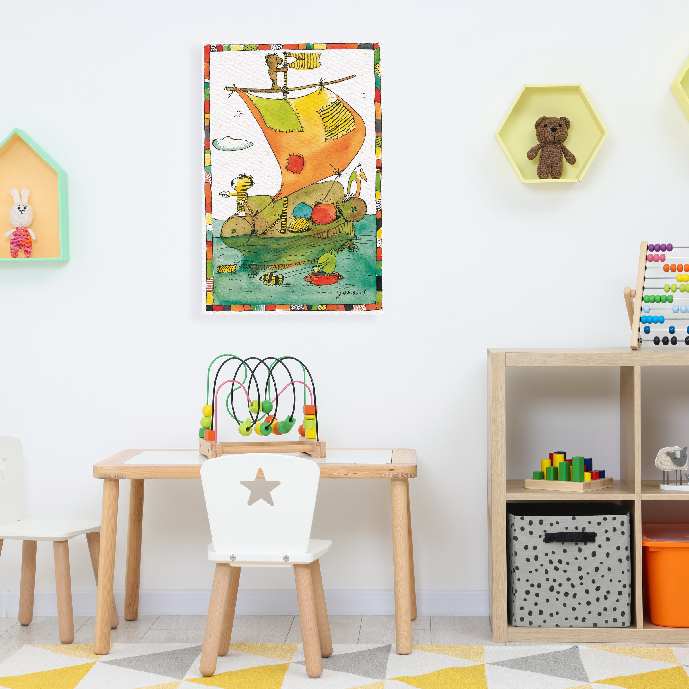 LuckyLinde Leinwandbild 'Der kleine Bär und der kleine Tiger auf dem Segelboot' Bär Bären Ente Enten Figuren Filmfiguren Frosch Natur Schiffe Teddy Tiere Tiger little star 1 Stk. tlg. Exklusive JANOSCH Kindermotive