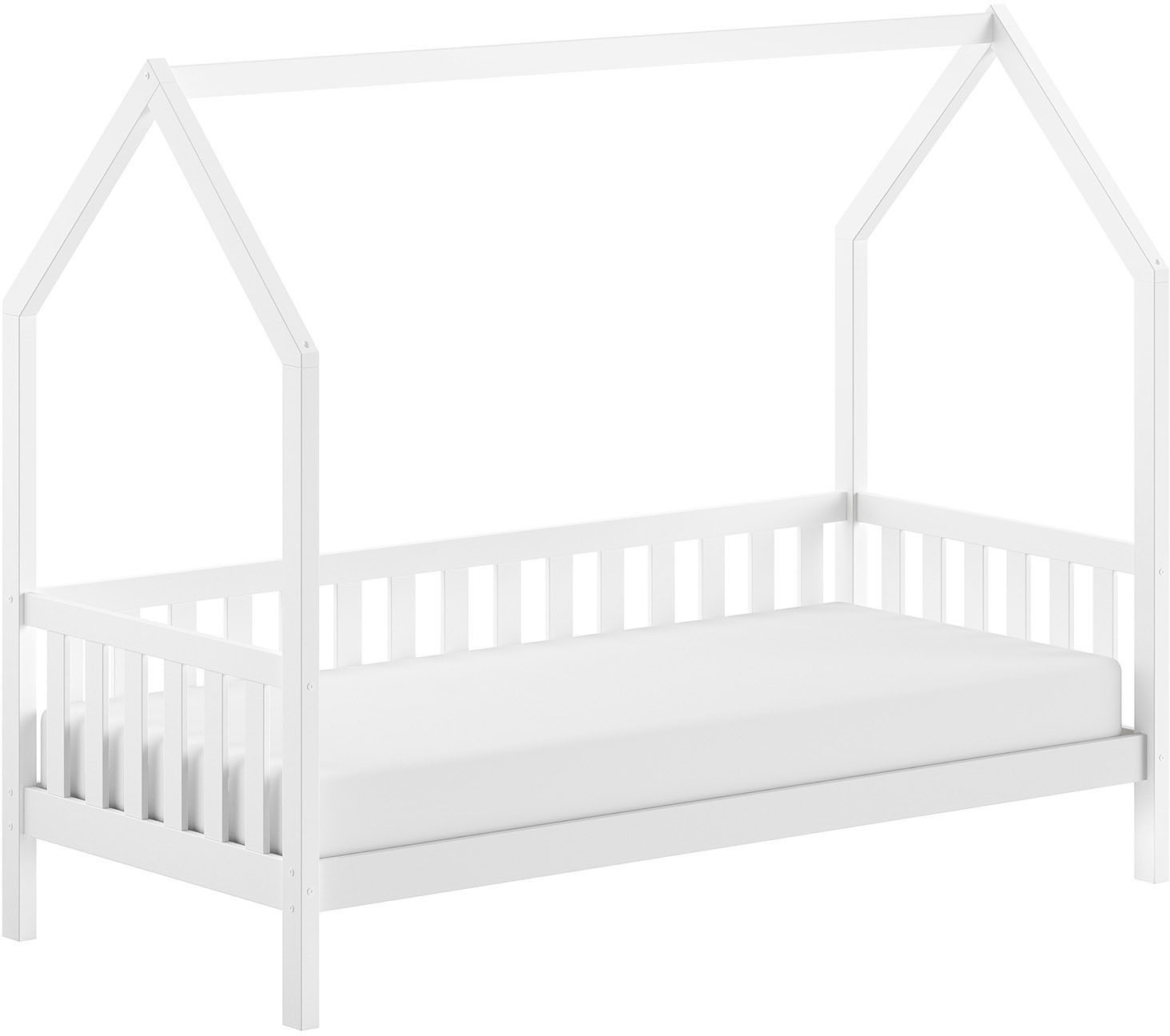 Vipack Hausbett 'Cabane, mit Dachaufbau und Sprossenumrandung in Landhaus-Optik' (B/H/T ca. 208x169x98 cm) aus massiver Eiche, Oberfläche Natur, sehr stabil und standfest gebaut inkl. Massivholz Rolllattenrost