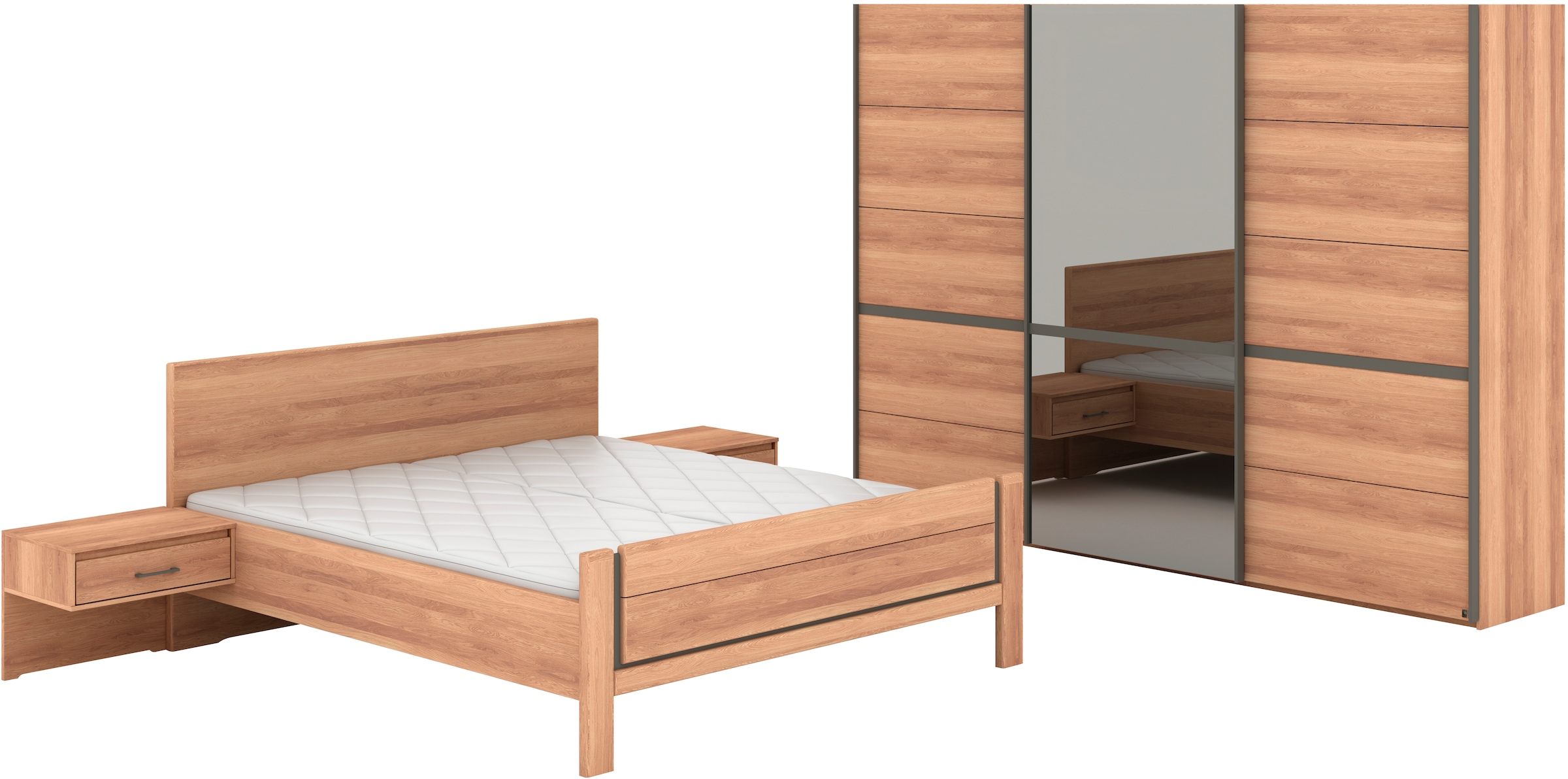 Musterring Schlafzimmer-Set 'Sorrent, Kleiderschrank, Bett & Nachtkommoden, teilmassiv Eiche' 2er-Set Nachtschränke, Schwebetürenschrank 300 cm, Bett 180x200 cm, mit Schwebetürenschrank, Bett mit Stollenfuß, Breite Schrank 300 cm