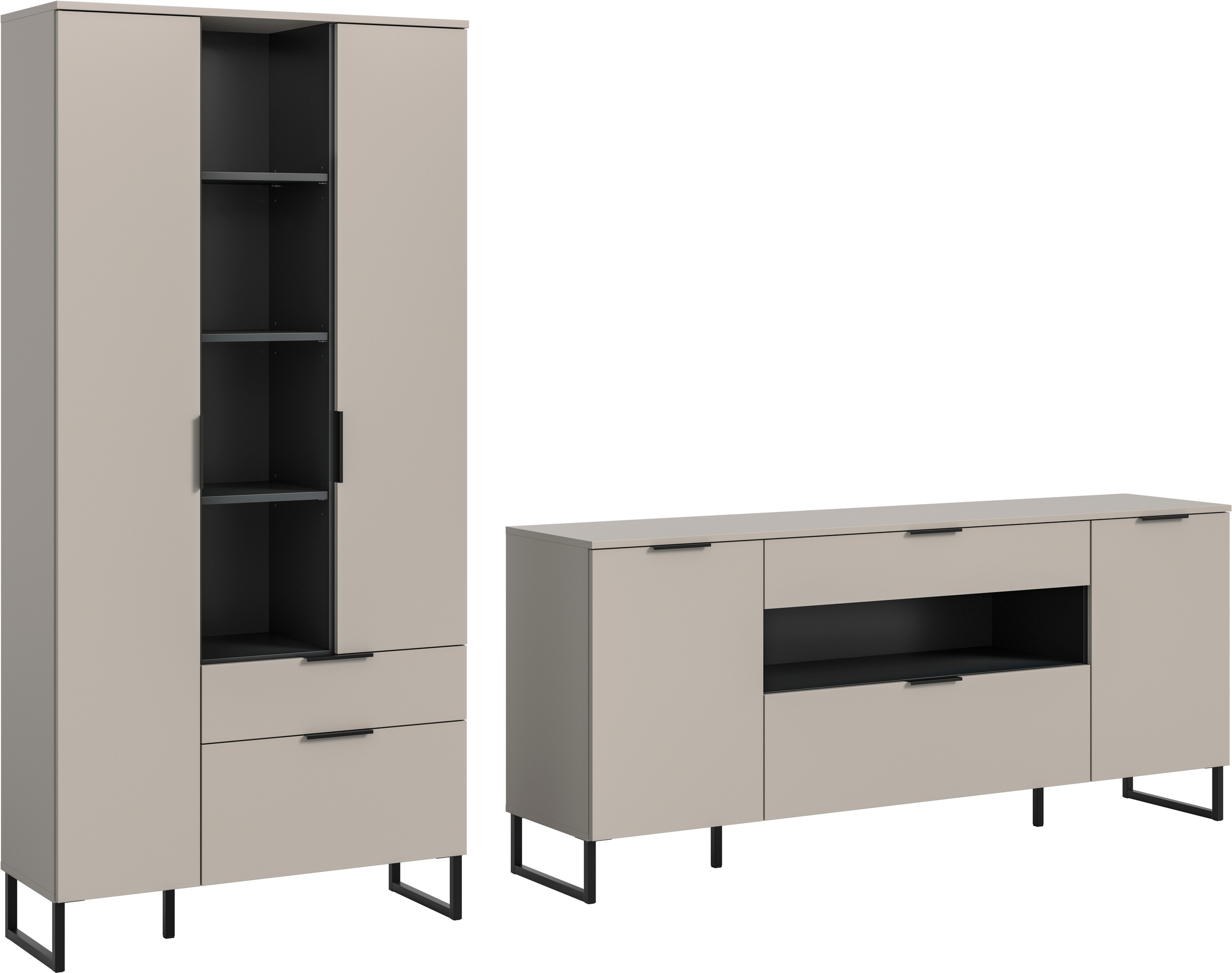 INOSIGN Wohnwand 'ADIO, Breite 290 cm, 2-teiliges Set, mit Metall-Kufenfüße' Set, bestehend aus: Mehrzweckschrank und Sideboard, 2 Stk. tlg. Kombination, Anbauwand, Set, Wohn-Set, Wohnzimmer-Set, Schrankwand