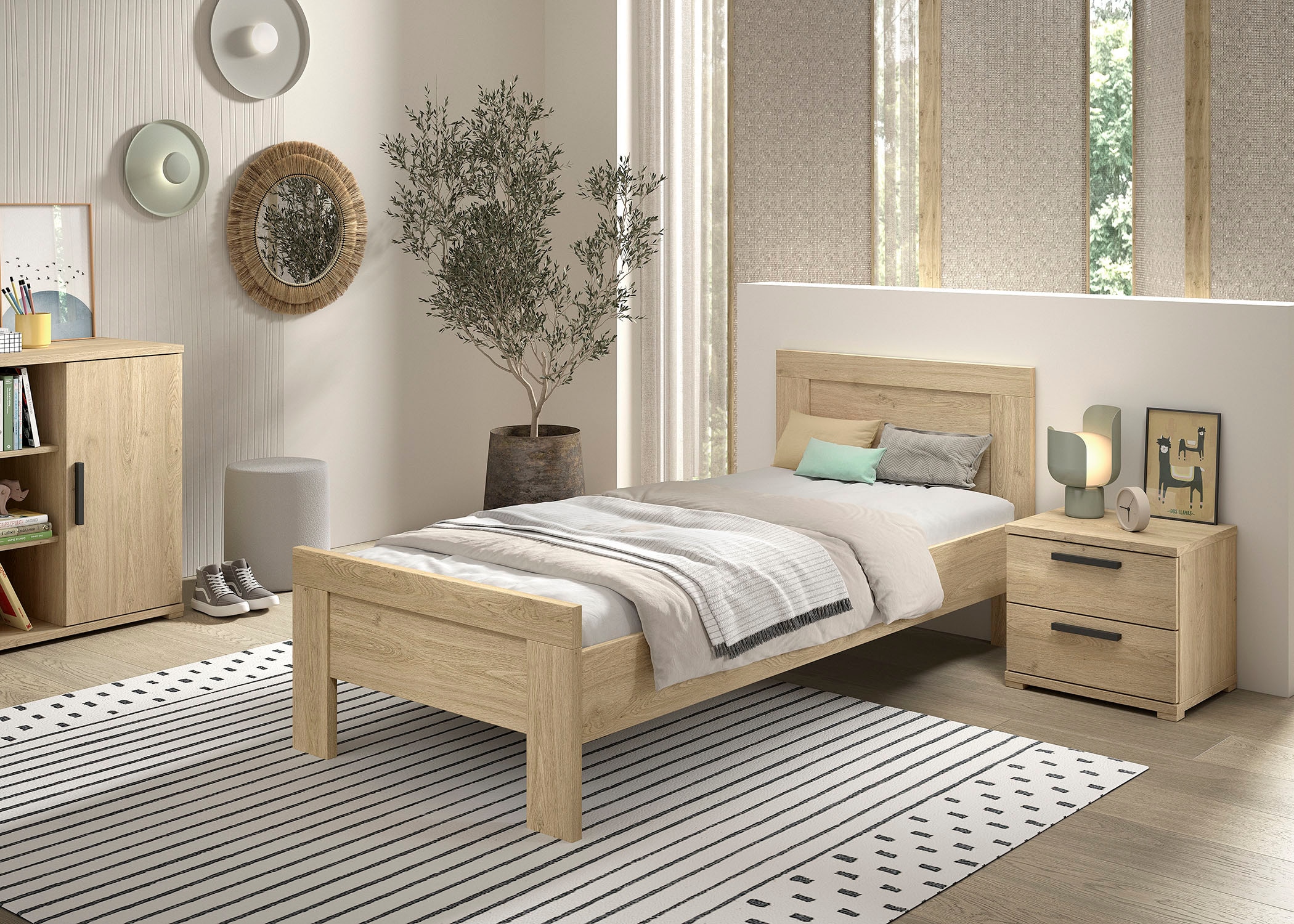 Vipack Jugendzimmer-Set 'SAM - Bett und Nachtkonsole, gradliniges Design in wohnlichem Dekor' Schubladen auf Metallauszug bieten Stauraum am Bett, 2 tlg. tlg. die Oberfläche ist pflegeleicht, in der Ausführung Eiche Dekor