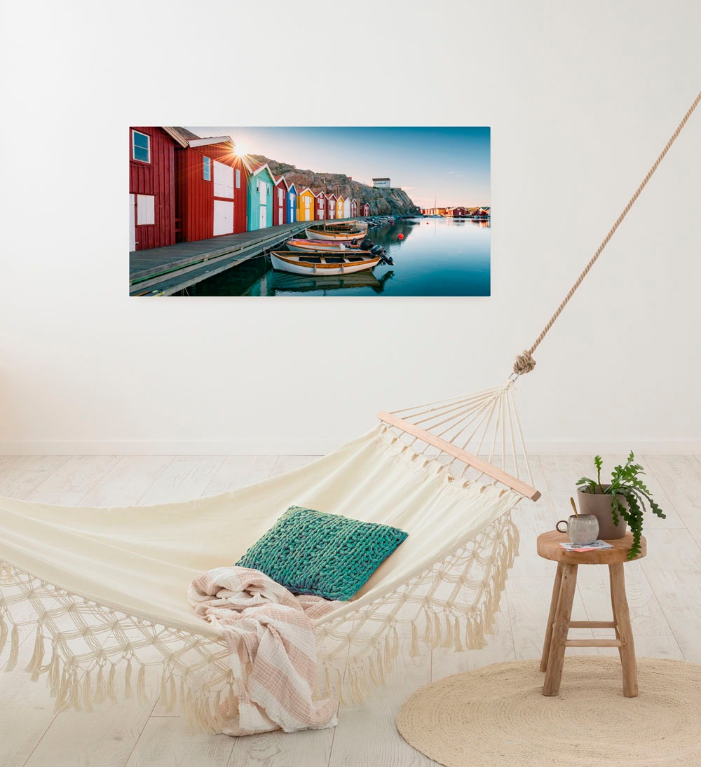 Komar Leinwandbild 'Malerische Smögen - Größe 90 x 40 cm' Baum Berge Blumen Blätter Foto Jahreszeiten Landschaft Meer Natur Palmen Strand Packung, 1 Stk. tlg. Keilrahmenbild mi Echtholzrahmen