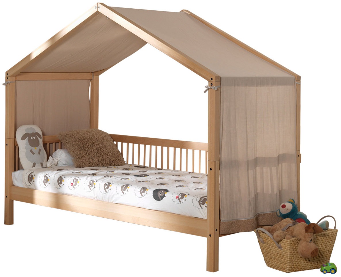 Vipack Hausbett 'Forrest mit hochwertiger und stabiler Verarbeitung, Made in Europe' Buche massiv natur, 90/200 cm, inkl. Massivholz Rolllattenrost, wahlweise ohne oder mit Textilhimmel oder Rausfallschutz