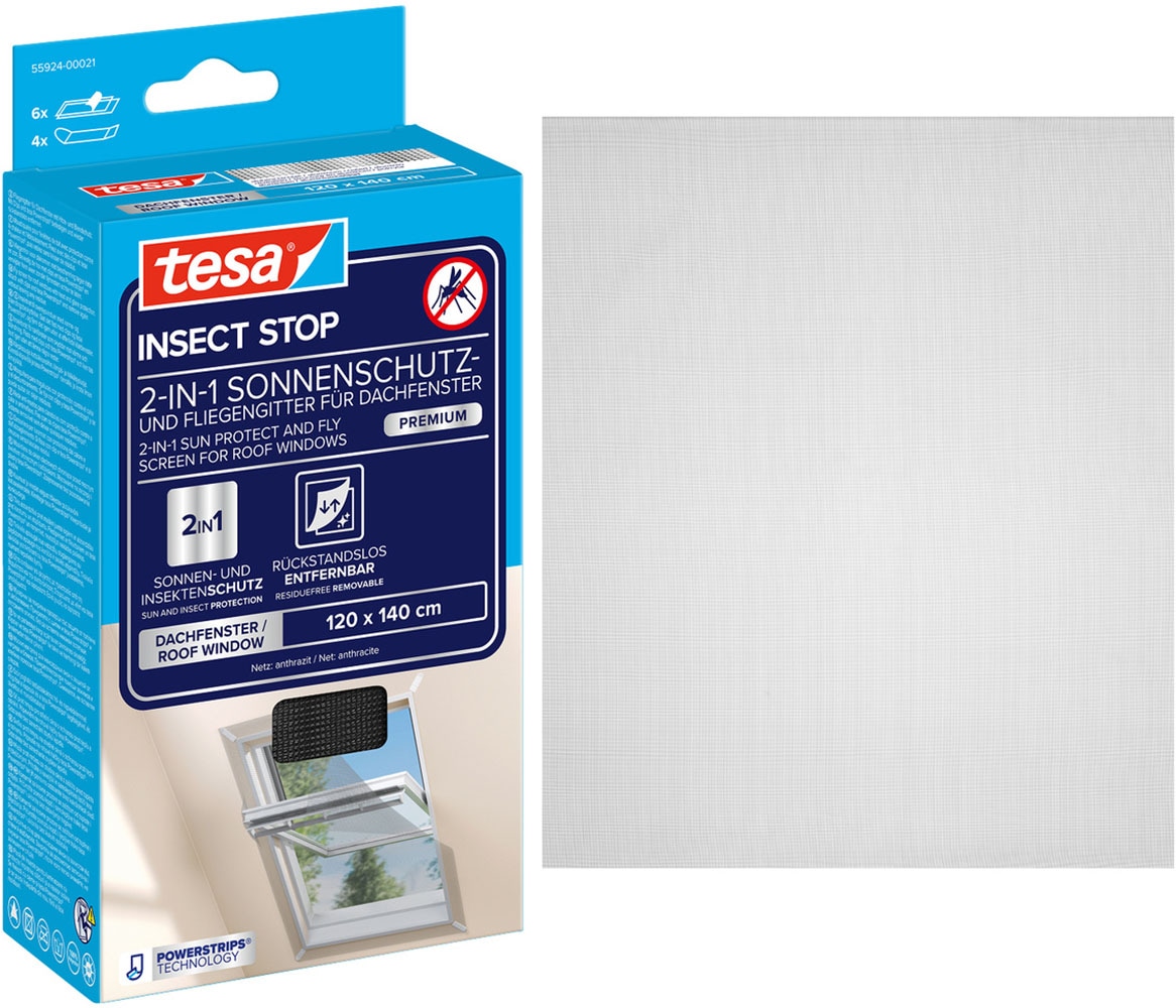 tesa Fliegengitter-Gewebe '2-in-1 Sonnenschutz- und Fliegengitter für Dachfenster Premium' Packung, Fliegennetz, Klettband, Andrück und Schneidehilfe, 1 Stk. tlg. inkl. selbstklebendes Klettband