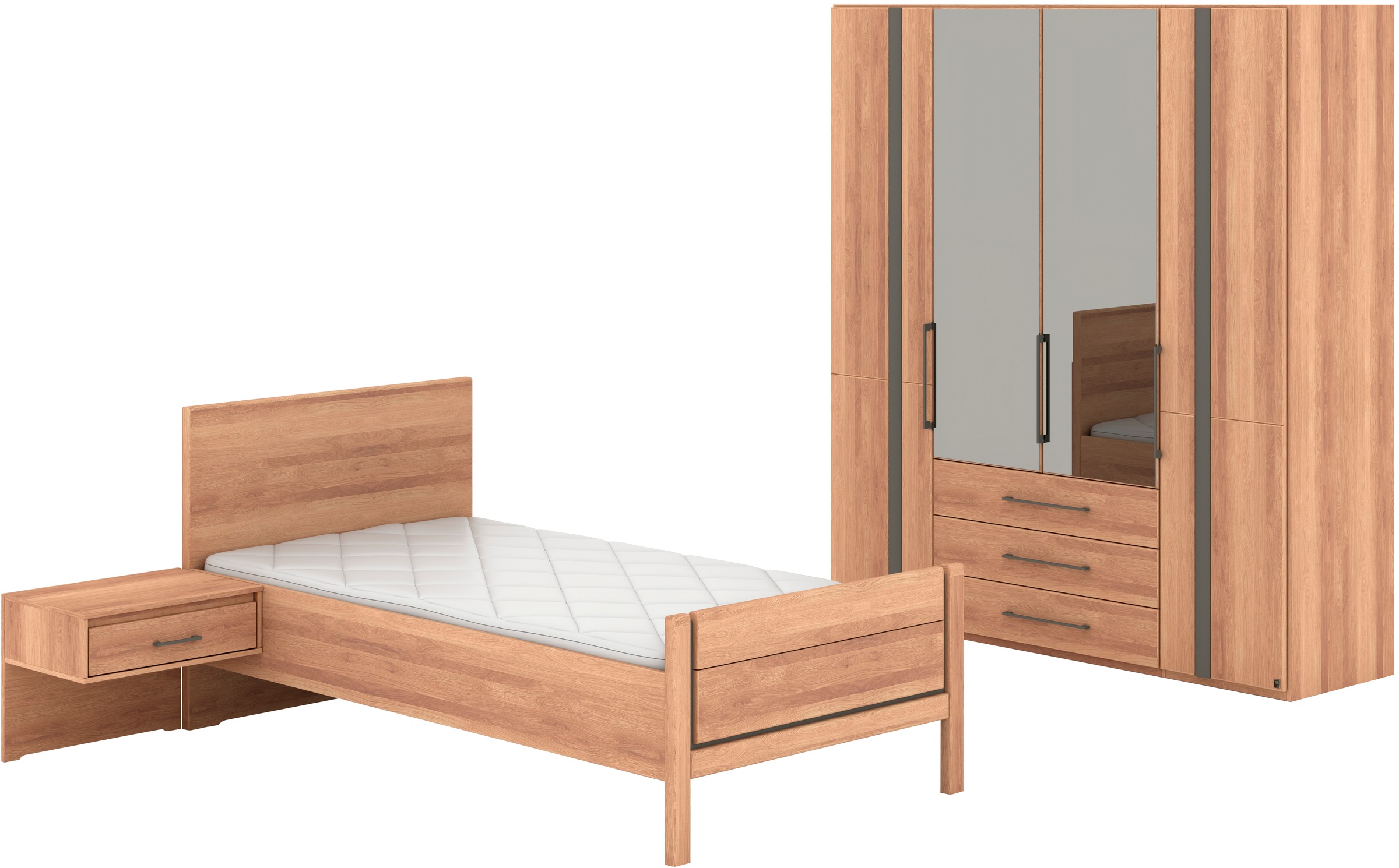 Musterring Schlafzimmer-Set 'Sorrent, Kleiderschrank, Bett & Nachtkommoden, teilmassiv Eiche' 2er-Set Nachtschränke, Drehtürenschrank 200 cm, Bett 100x200 cm, Schrank mit Türen und Schubkästen, Bett mit Stollfuß, teilmassiv